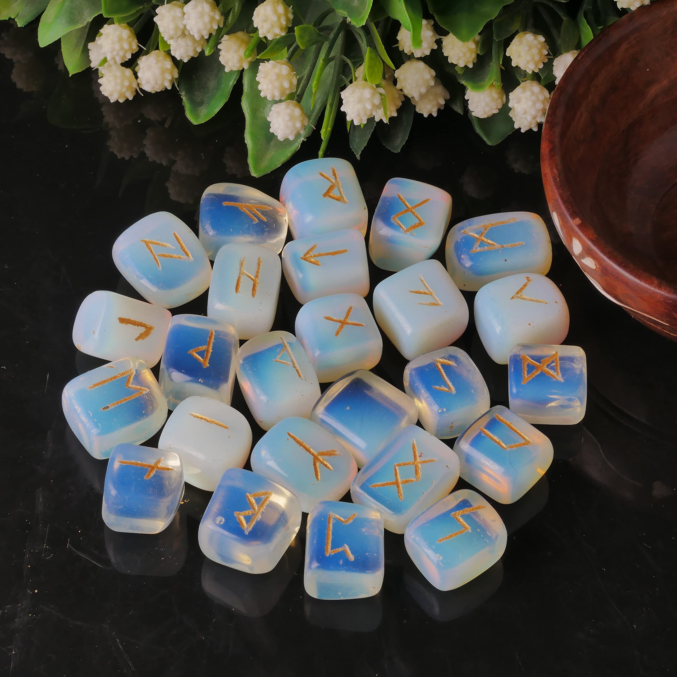 Opalite Rune Stone - Rune Set - Engraved Elder Futhark Alphabet Symbols - Witchcraft Crystals QUIPSA buy supplements canada