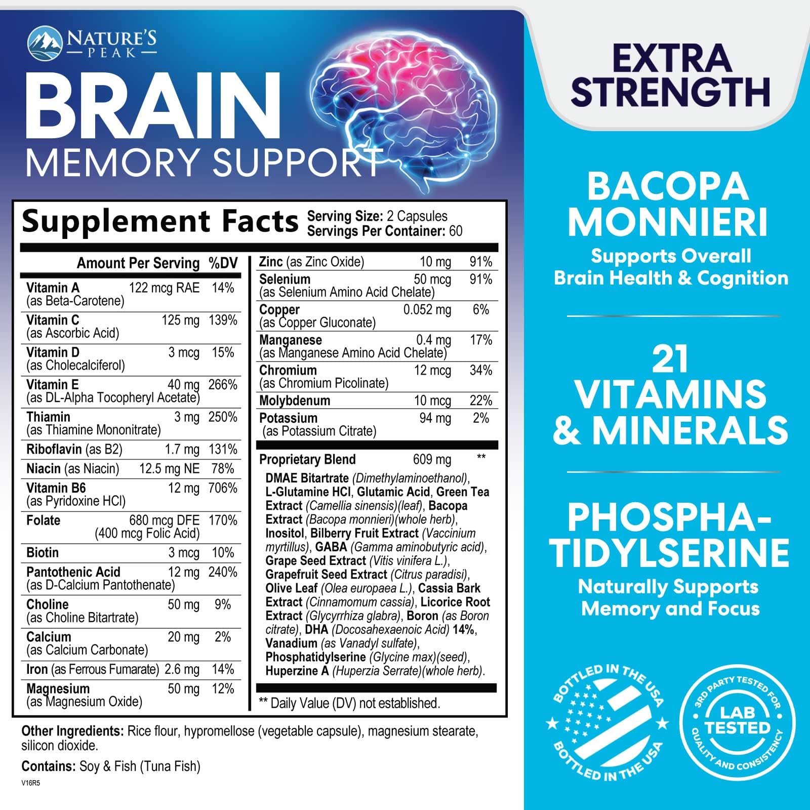 Brain Memory Supplement - 3X Strength Nootropics for Concentration, Clarity & Focus Support - Brain Health Cognitive Vitamins with Bacopa, Phosphatidylserine & DMAE, Brain Booster Pills, 120 Capsules Nature's Peak buy supplements canada