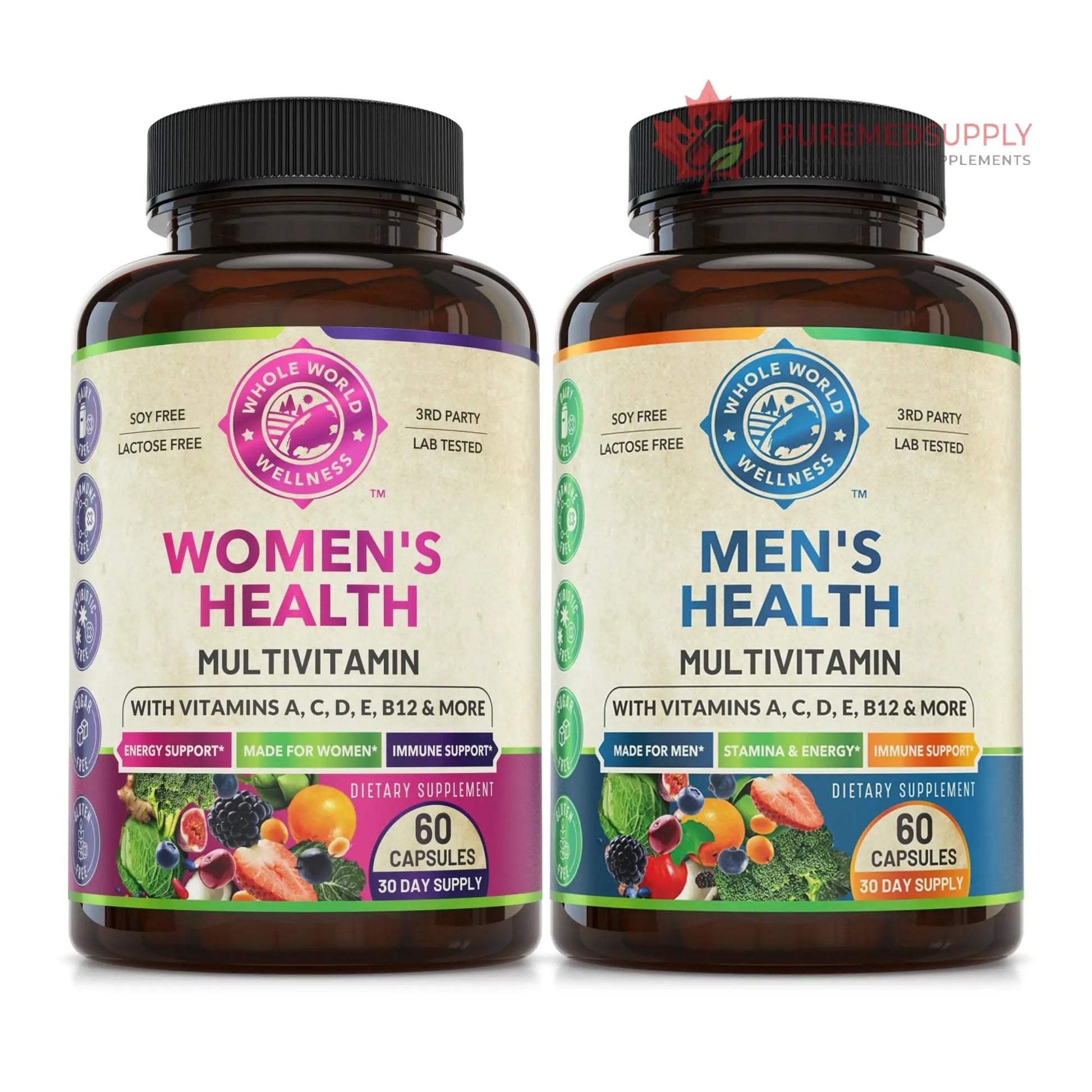 Womens Daily Multivitamins & Mens Daily Multivitamins Bundle (One Bottle Each) - Supports Holistic Wellness, Including Energy & Focus. Multivitamin & Multimineral Blend. Made in The USA. WHOLE WORLD WELLNESS buy supplements canada