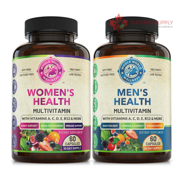 Womens Daily Multivitamins & Mens Daily Multivitamins Bundle (One Bottle Each) - Supports Holistic Wellness, Including Energy & Focus. Multivitamin & Multimineral Blend. Made in The USA. WHOLE WORLD WELLNESS buy supplements canada