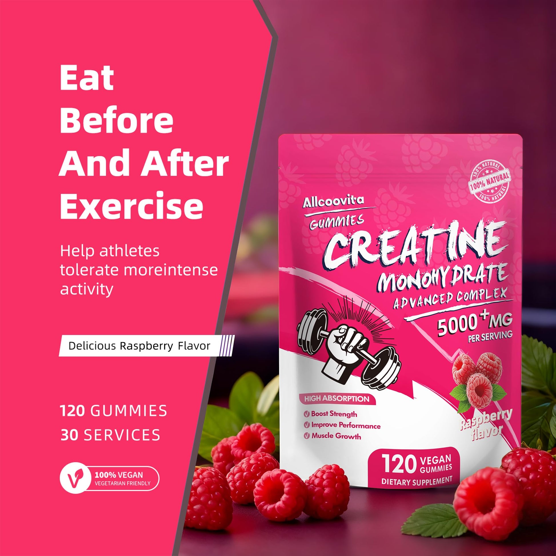 NSF Certified Creatine Gummy - Creatine Monohydrate Gummies 5000mg for Men & Women -120 Gummies Advanced Formula, Muscle Strength, Muscle Builder, Energy Boost, Pre-Workout Supplement-Raspberry Allcoovita buy supplements canada