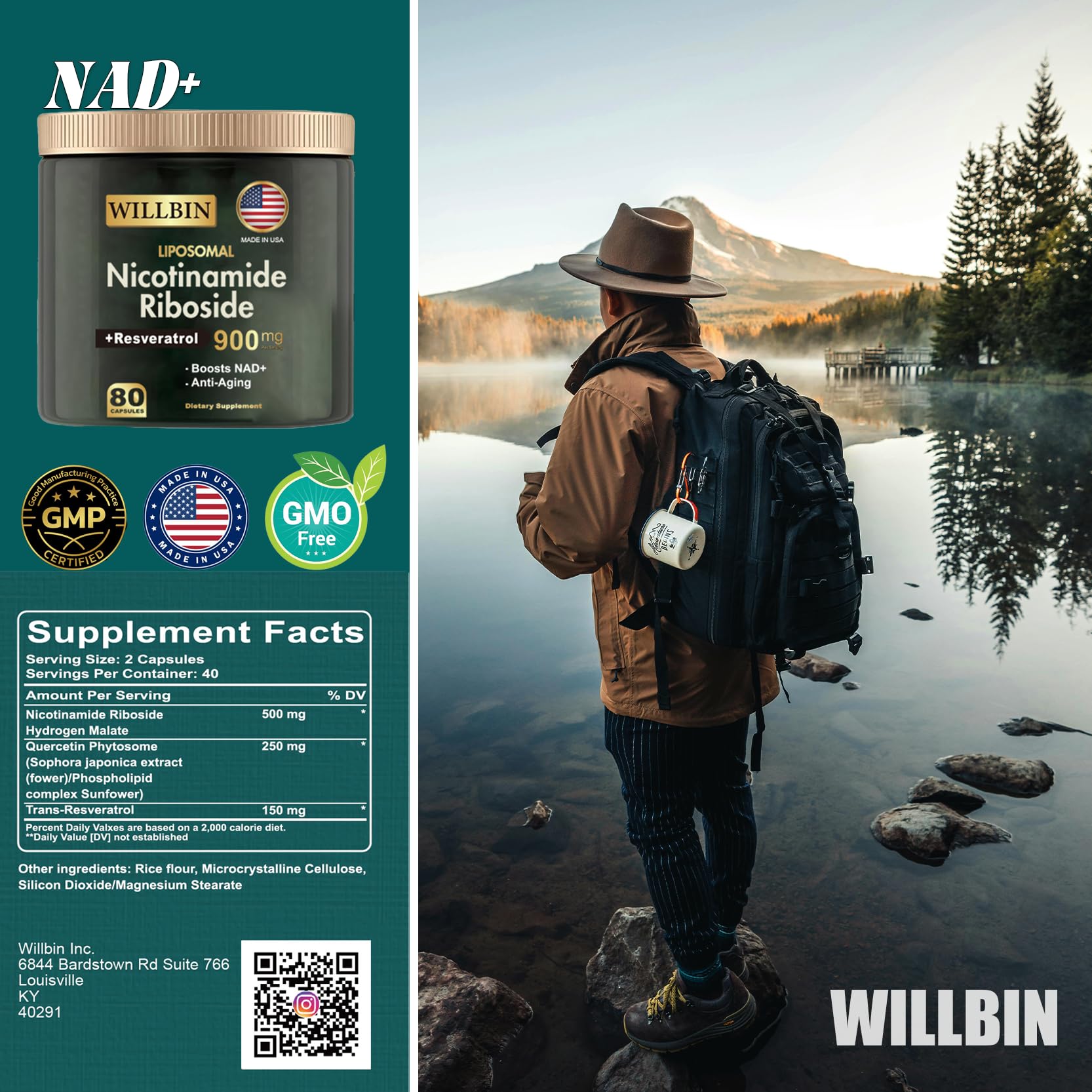 Willbin Liposomal NAD+ Supplement, Nicotinamide Riboside with Resveratrol, NAD Nicotinamide Riboside Boost Energy Focus Anti-Aging for Women & Men - 80 Vegan Capsules Willbin buy supplements canada