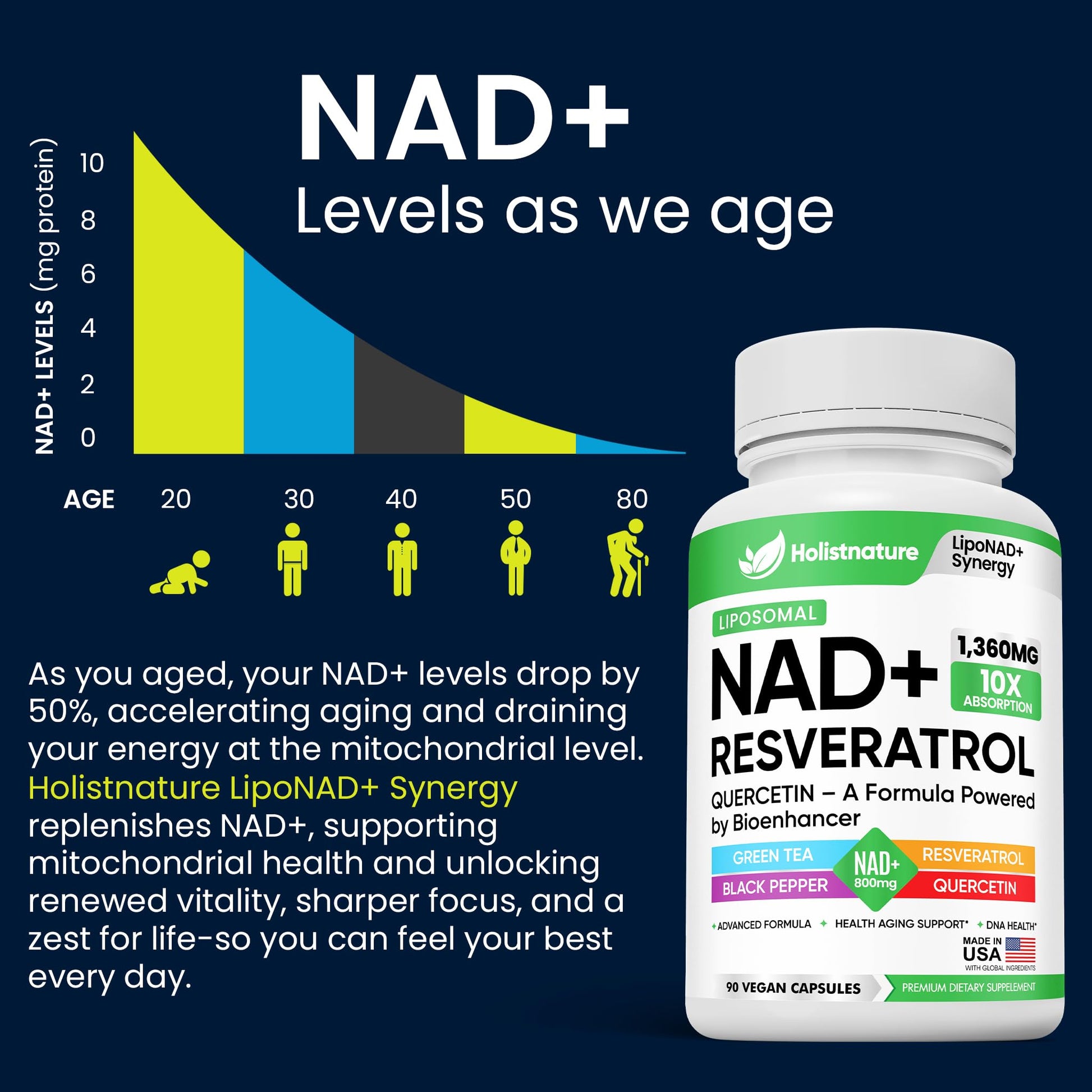 NAD+ Supplement, 1,360mg Max Strength Liposomal | Resveratrol, Quercetin, Green Tea | Cellular Energy & Healthy Aging for Men & Women | 800mg of 100% High Purity NAD+ for Energy, Focus - 90 Capsules Holistnature buy supplements canada