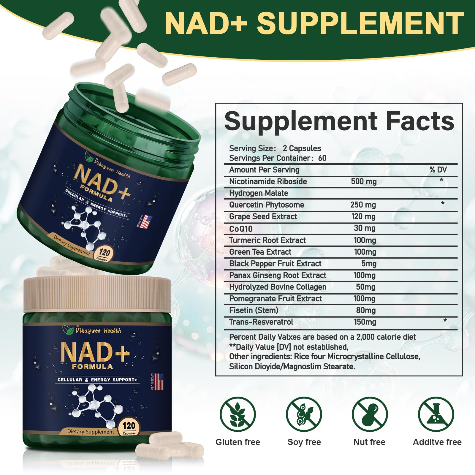 Vikaywoo NAD Supplement 1585 Mg -True NAD & Resveratrol, NMN Alternative Liposomal NAD+ for Women & Men, Support Cellular Health, Stamina & Healthy Aging - 120 Capsules Vikaywoo buy supplements canada