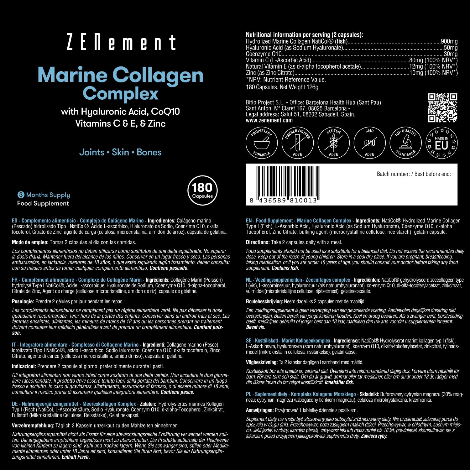 Marine Collagen Complex, with Hyaluronic Acid, CoQ10, Vitamins C & E, & Zinc, 180 Capsules Zenement buy supplements canada