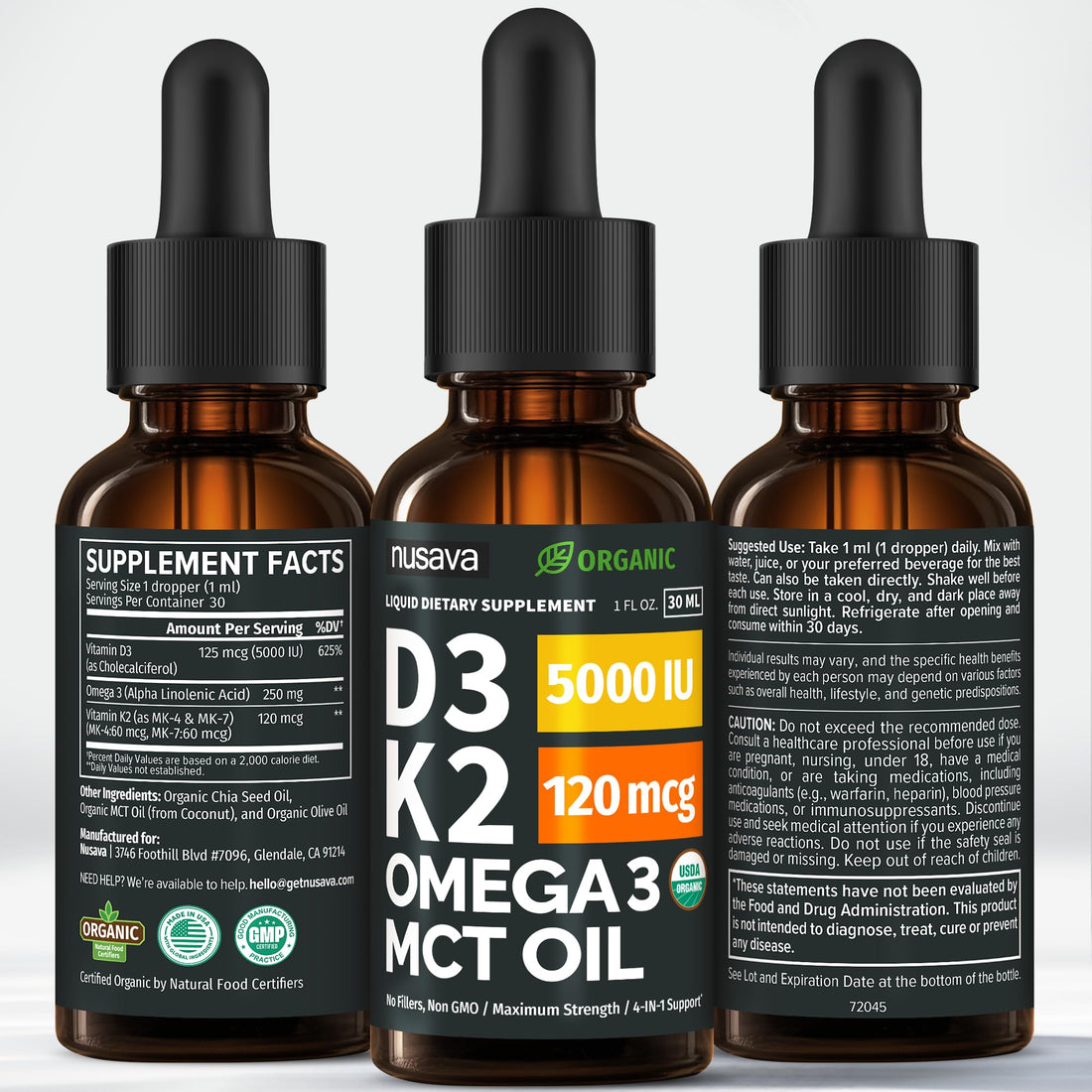 (2 Pack) Organic Vitamin D3 K2 Drops with MCT Oil Omega 3, 5000 IU, Maximum Strength Vitamin D Liquid, No Fillers, Non-GMO Liquid D3 for Faster Absorption and Immune Support (Unflavored, 2 Fl Oz) NUSAVA buy supplements canada