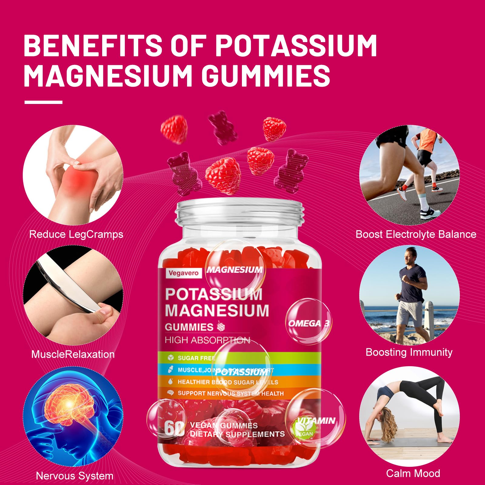 Potassium Magnesium Gummies - High Absorption Magnesium Glycinate & Potassium Citrate Plus Coenzyme Q10, DHA, D3, Mineral & Calcium for Zzz, Leg Cramps & Muscle - 60 Raspberry Gummies Vegavero buy supplements canada