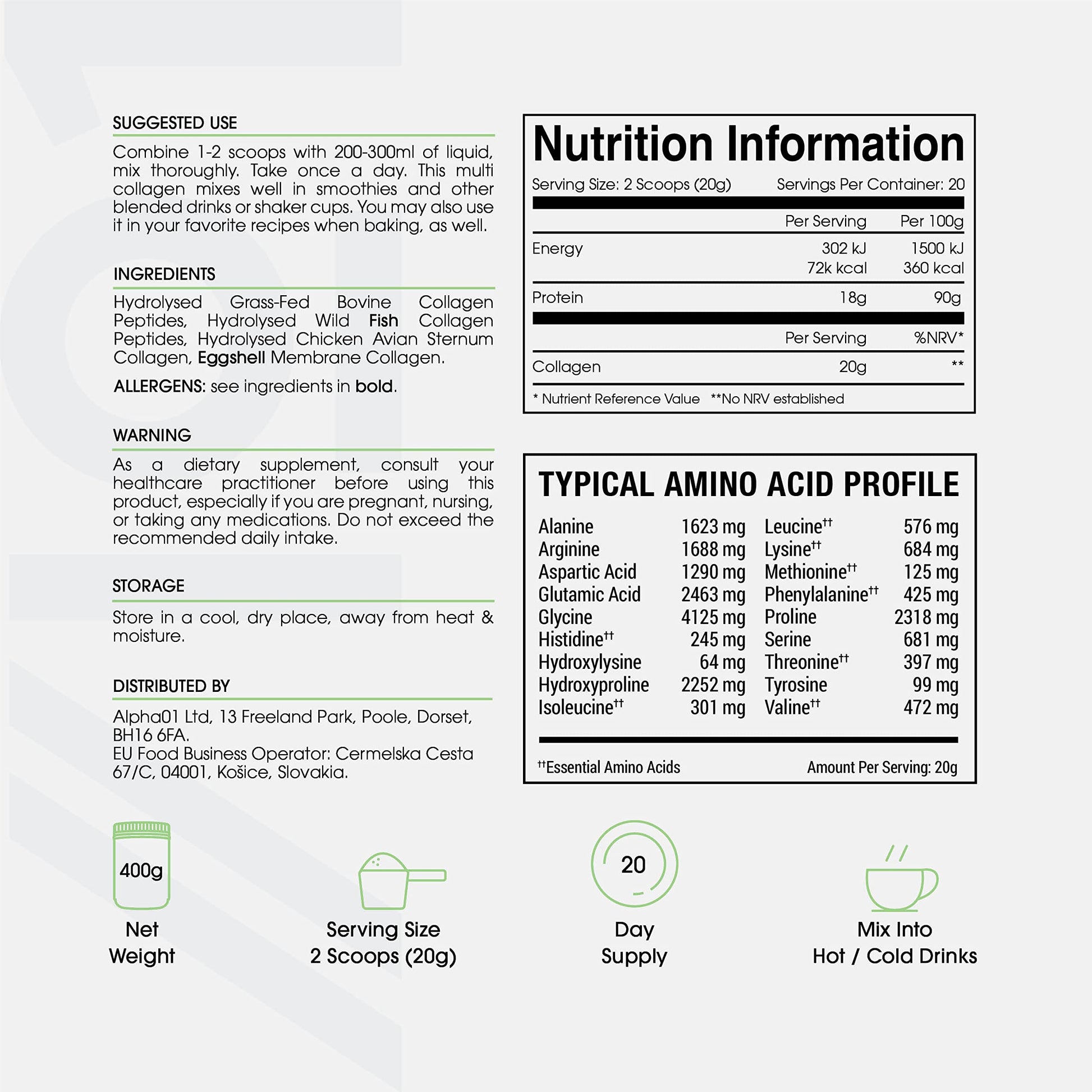 Multi Collagen Protein Powder (400g) - Types I, II, III, V & X - Hydrolyzed Grass Fed Bovine, Wild Caught Fish ALPHA01 buy supplements canada