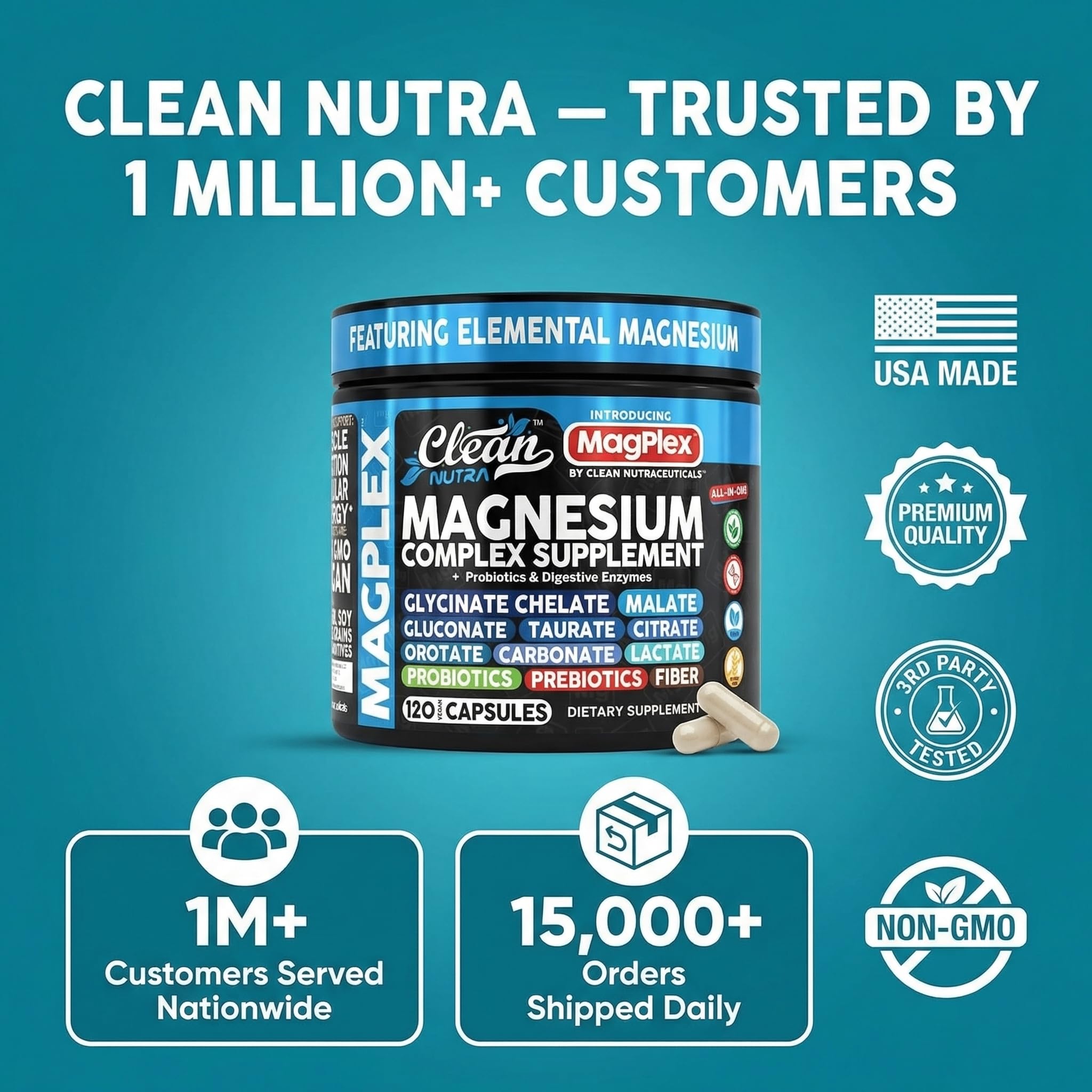 8in1 Magnesium Supplement Complex | Magnesium Glycinate Citrate Malate Gluconate Orotate Carbonate Lactate + Prebiotics Probiotics Digestive Enzymes Magnesio Clean Nutraceuticals buy supplements canada