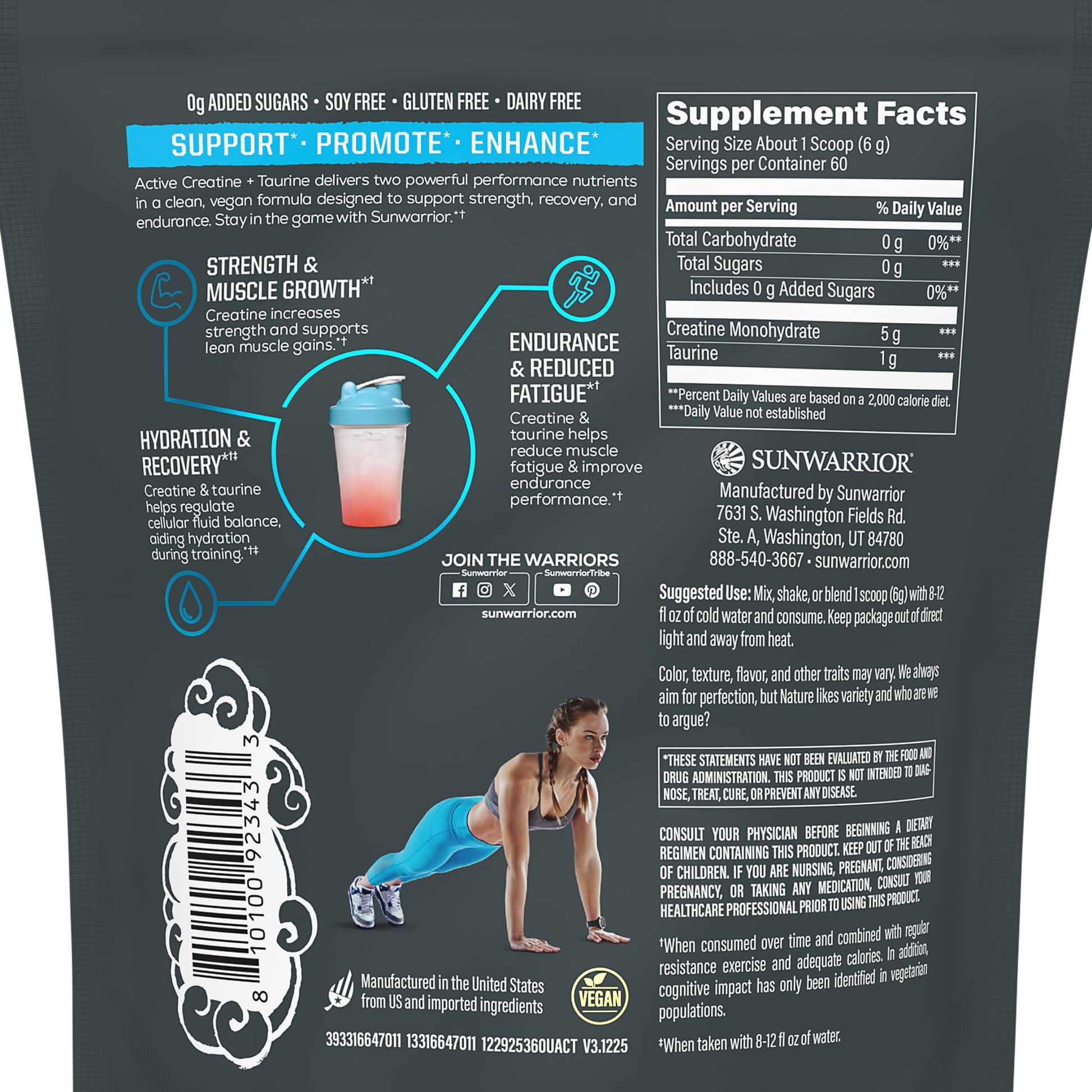 Creatine Monohydrate Powder Taurine Supplement, 5g Creatine Monohydrate 1g Taurine per Serving | Vegan Muscle Strength, Endurance & Recovery Support, Clean Performance Formula | 60 Servings Unflavored Sunwarrior buy supplements canada