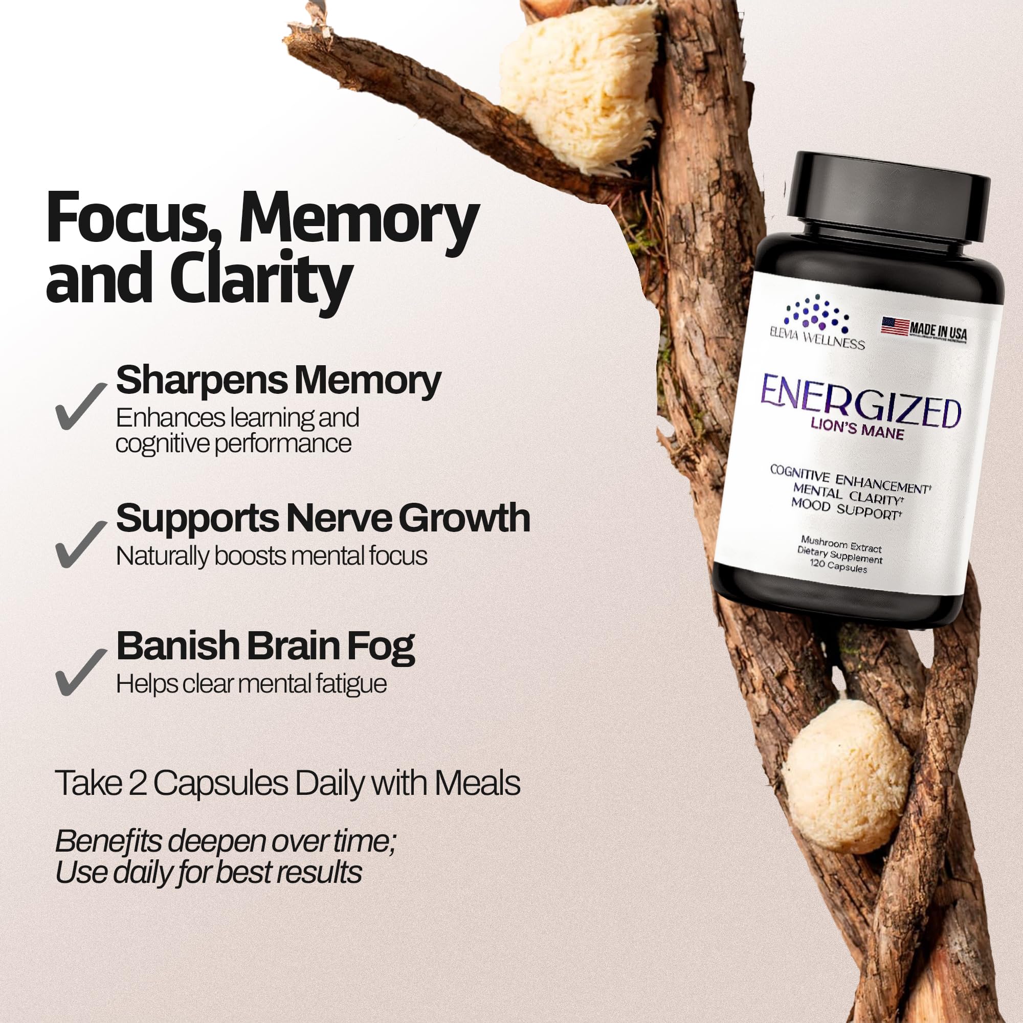 Energized Lions Mane Supplement Capsules (120ct),Brain Supplements for Memory and Focus, Nootropic for Brain Fog Relief Made in USA,30% Polysaccharides,Natural Brain Health Support Elevia Wellness buy supplements canada