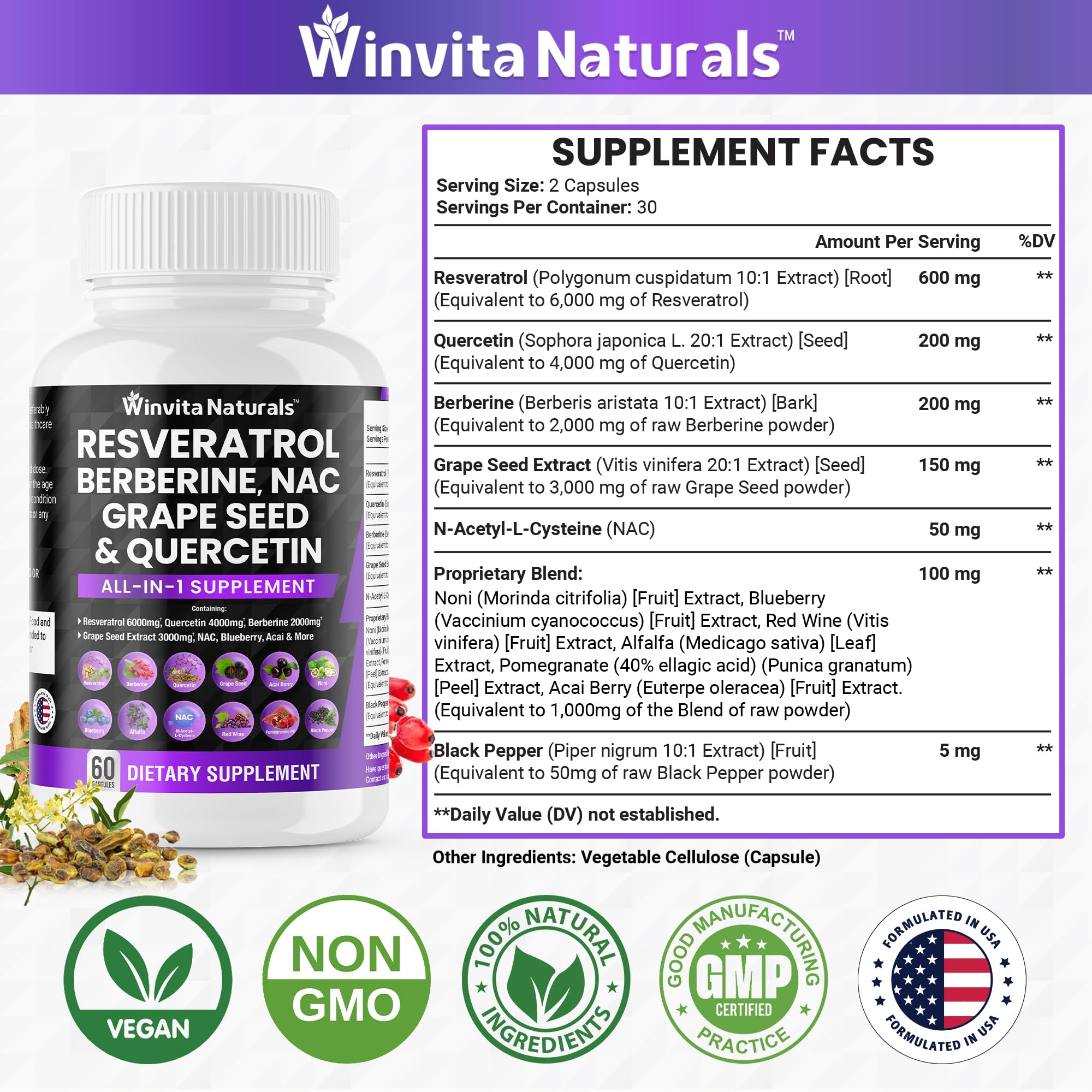 Resveratrol 6000mg Quercetin 4000mg Berberine 2000mg Grape Seed Extract 3000mg Winvita Naturals buy supplements canada