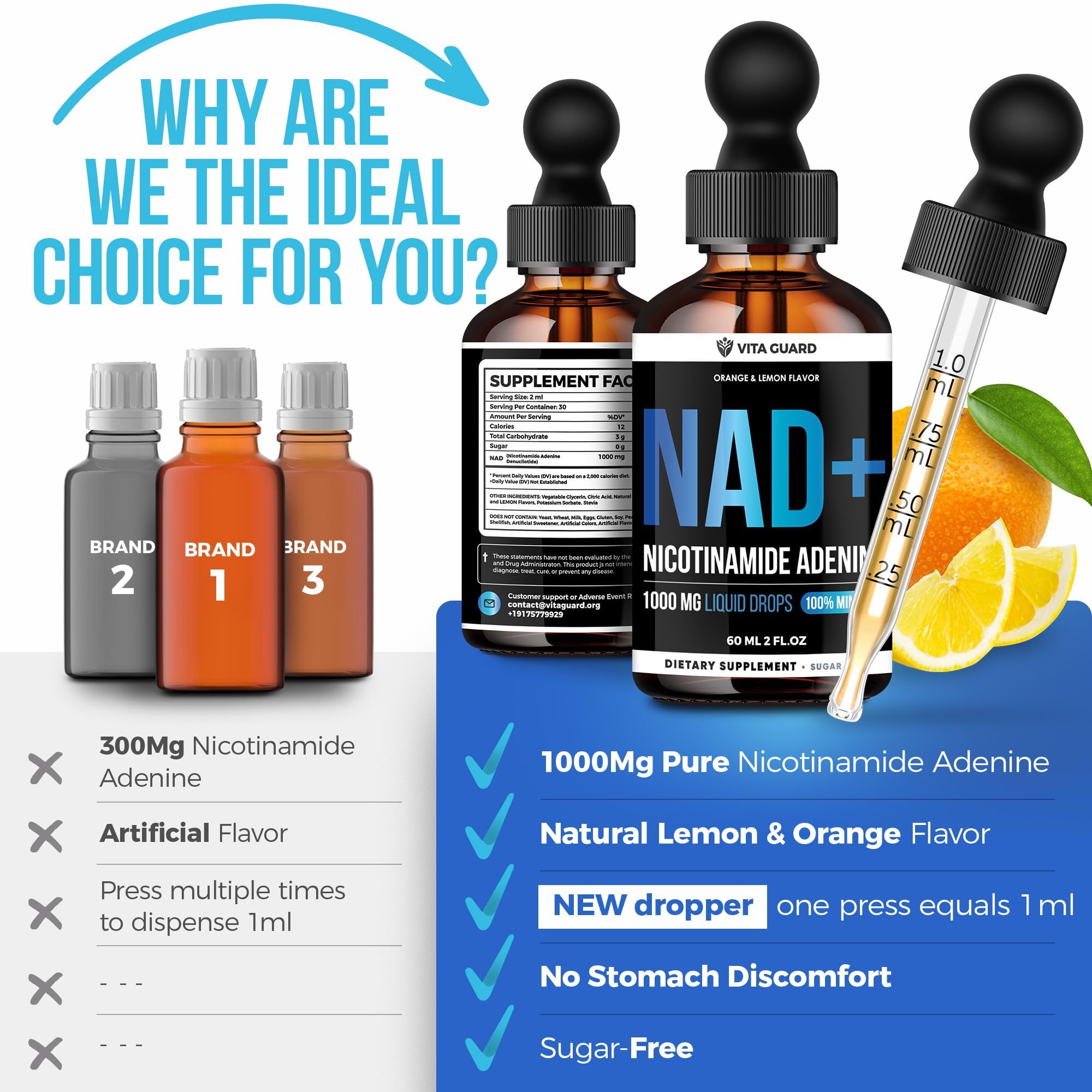 Vita Guard Pure NAD+ Supplements 1000mg Liquid Drops for Women & Man | Nicotinamide Adenine Similar to Nicotinamide Riboside NAD Plus Boosting Supplement - Natural Lemon & Orange Flavor Vita Guard buy supplements canada