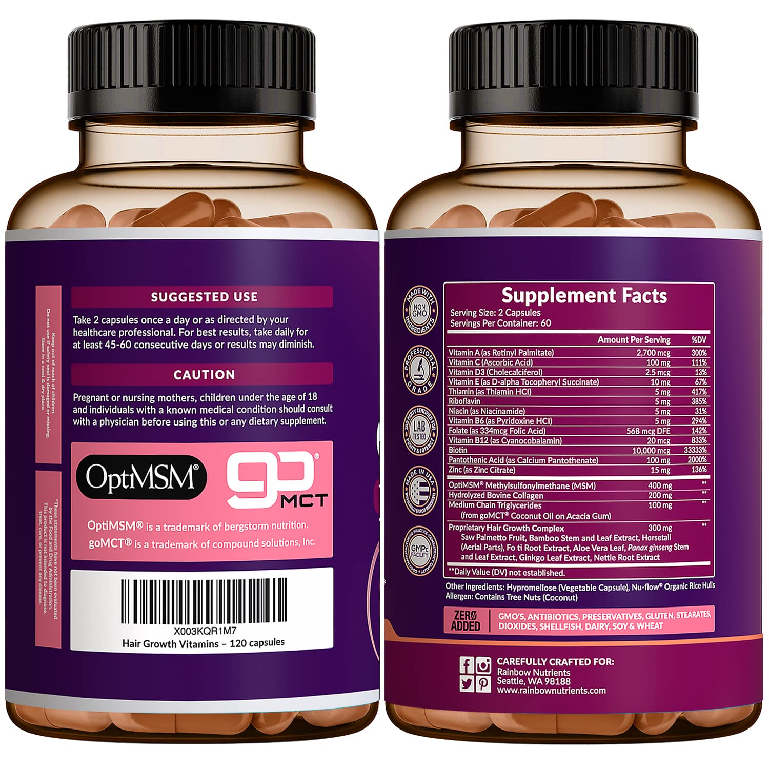Hair Growth Vitamins for Women | Biotin 10,000mcg, Collagen, Patented OptiMSM®, goMCT Rainbow Nutrients, LLC buy supplements canada