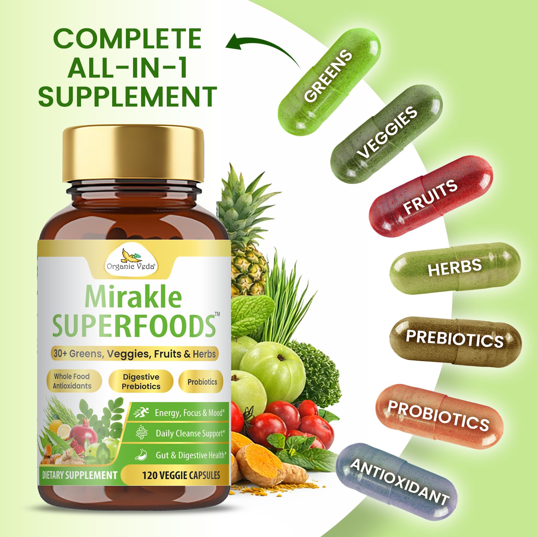 Organic Veda Mirakle Superfoods Greens Capsules - 30+ Daily Greens and Veggies Supplement with Moringa, Spirulina, Chlorella, Turmeric & Herbs, Antioxidants, Resveratrol, Probiotics - 120 Capsule Organic Veda buy supplements canada