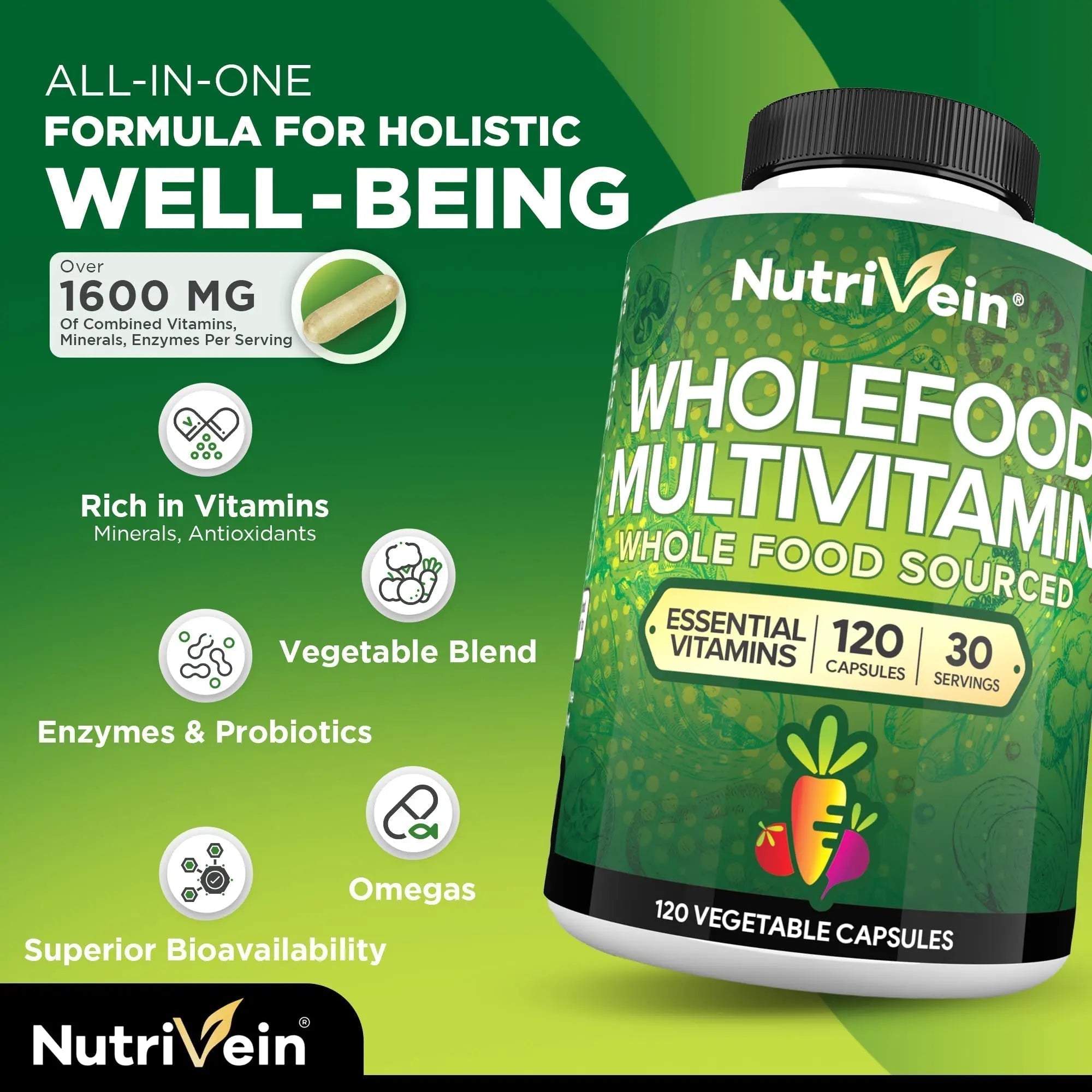 Nutrivein Whole Food Multivitamin for Men & Women – 120 Vegan Multivitamin Caps for Adults – Daily Energy, Immune & Heart Support Nutrivein buy supplements canada