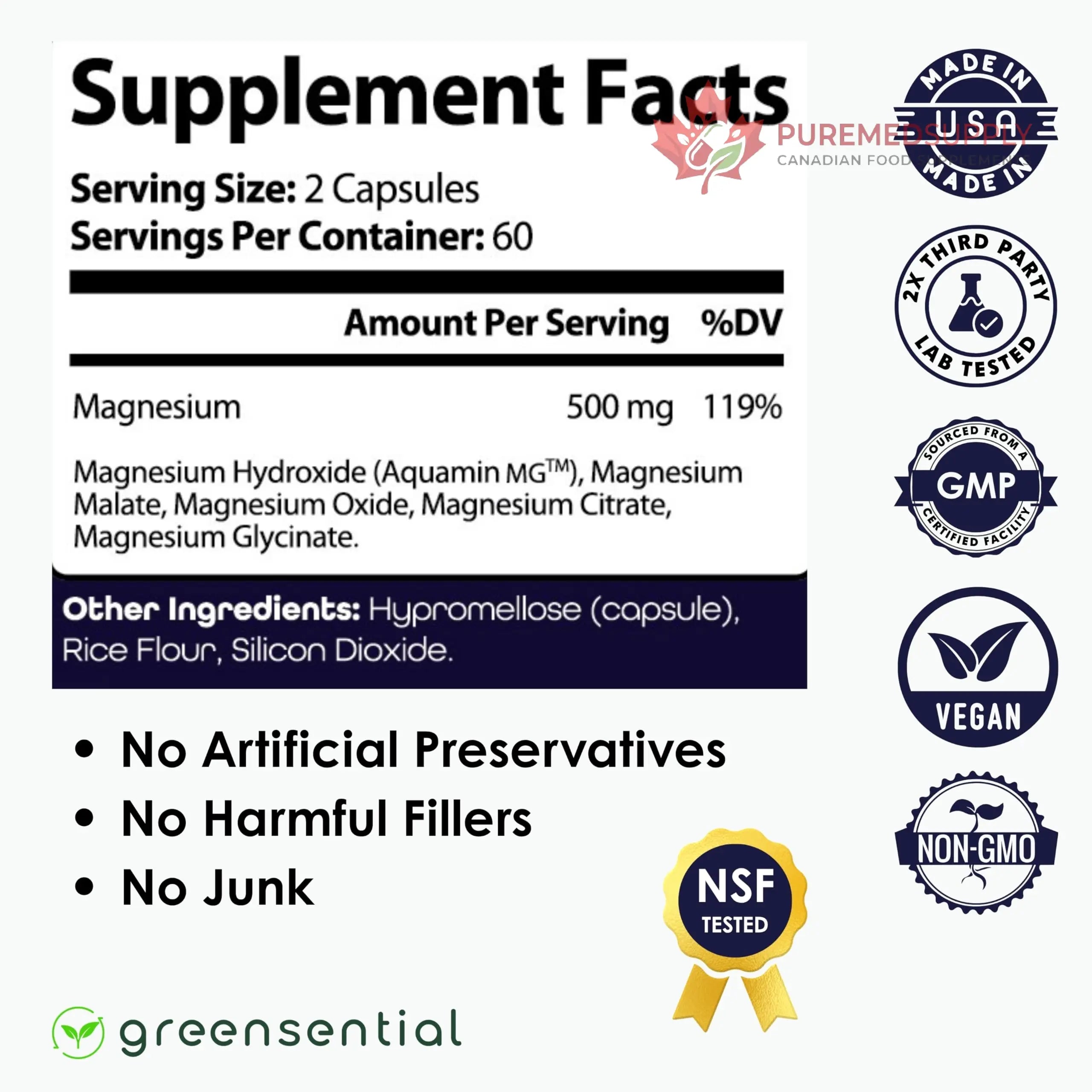 Greensential 5-in-1 Magnesium Complex 500mg | Glycinate, Malate, Citrate, Oxide & Aquamin® | for Sleep, Muscle & Heart Support | High Absorption, Vegan, 120 Capsules Greensential buy supplements canada