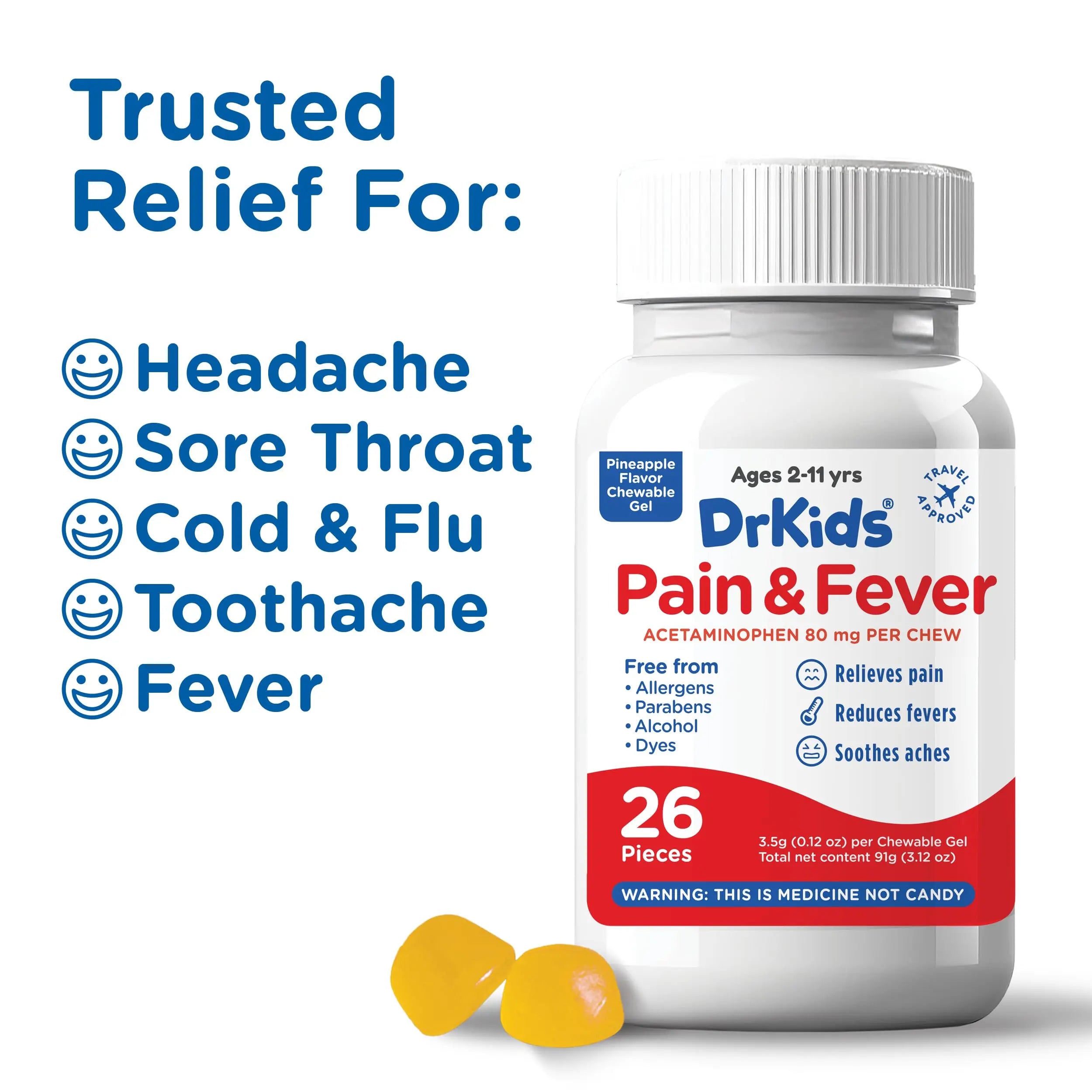 Dr. Kids Children’s Pain and Fever Chewable Gels – Pain Relief and Fever Reducer for Kids Ages 2–11, 80 mg Chewable Acetaminophen for Headache, Sore Throat, Cold & Flu, Pineapple Flavor, 26 Count Dr. Kids buy supplements canada