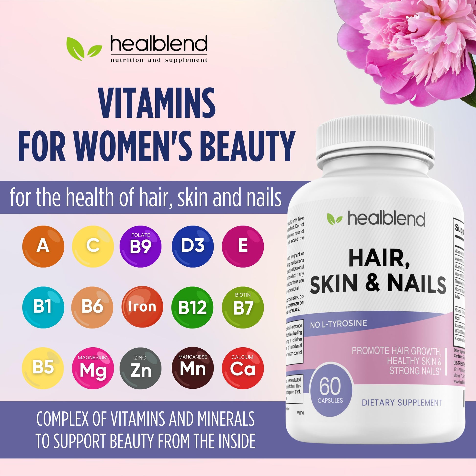 healblend Hair Skin and Nails Vitamins for Women with Biotin 5000 mcg, Iron and Manganese | Vegan, Non-GMO | 60 Capsules healblend buy supplements canada