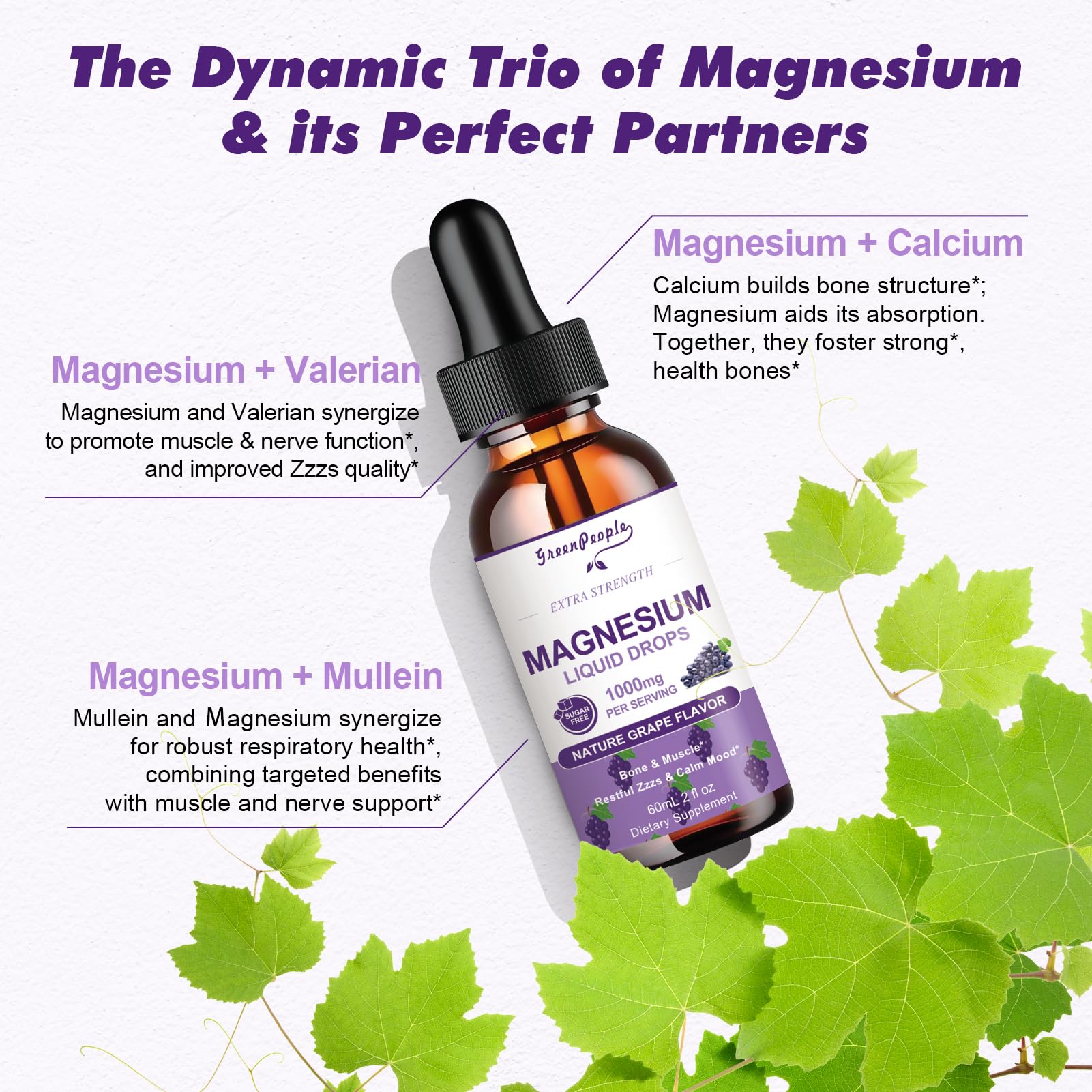 GREENPEOPLE Magnesium Glycinate Liquid Drops - 1000mg 5-in-1 High Absorption Liquid Magnesium for Sleep with D3/K2/B6 | Fast-Acting, Bone, Muscle & Sleep | Sugar-Free Grape Flavor, 2fl Oz GREENPEOPLE buy supplements canada