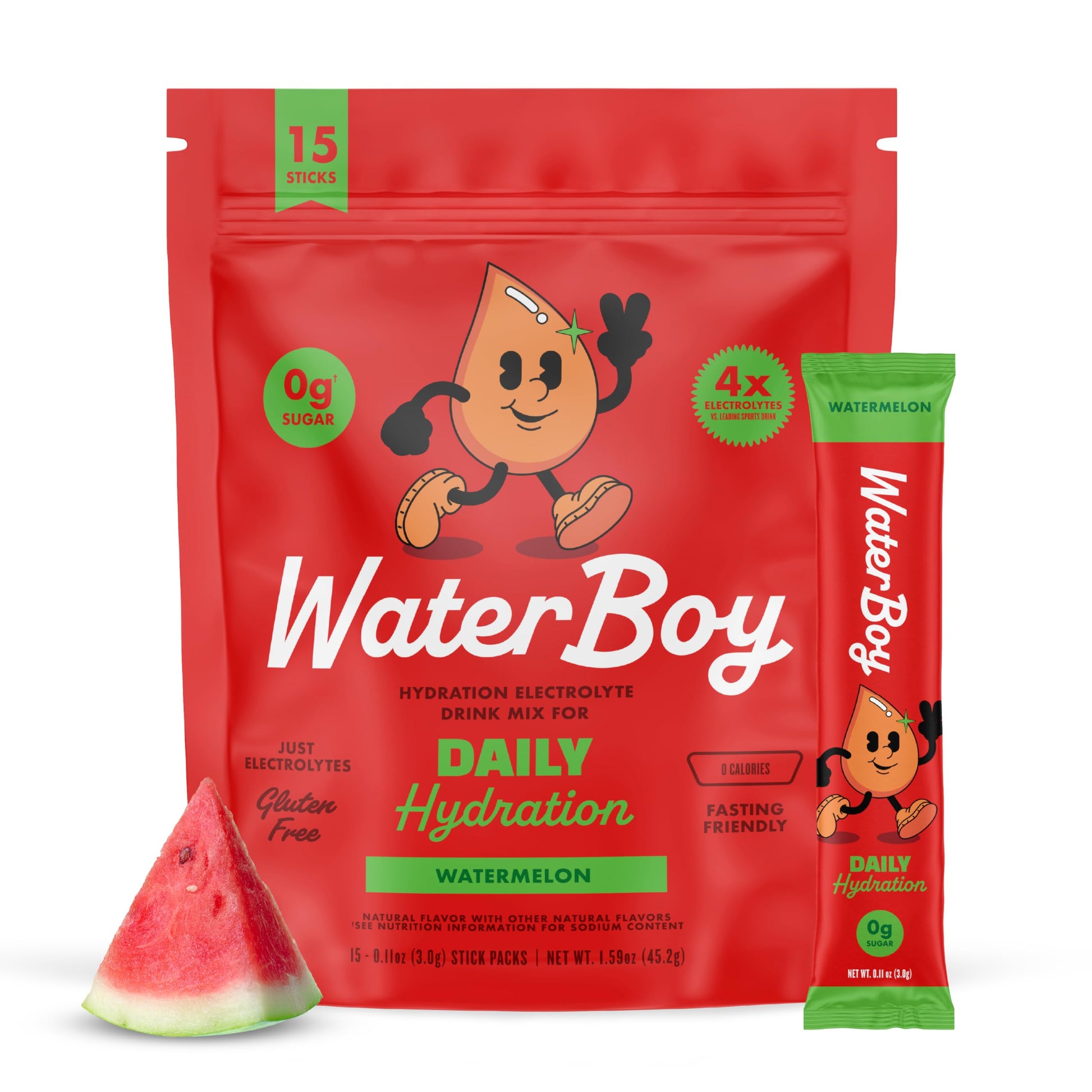 Waterboy Daily Hydration | 1,570mg Electrolyte Powder Packets | No Sugar, All Natural, Gluten Free, Zero Calories | 15 Drink Stick Mixes (Watermelon) Waterboy buy supplements canada