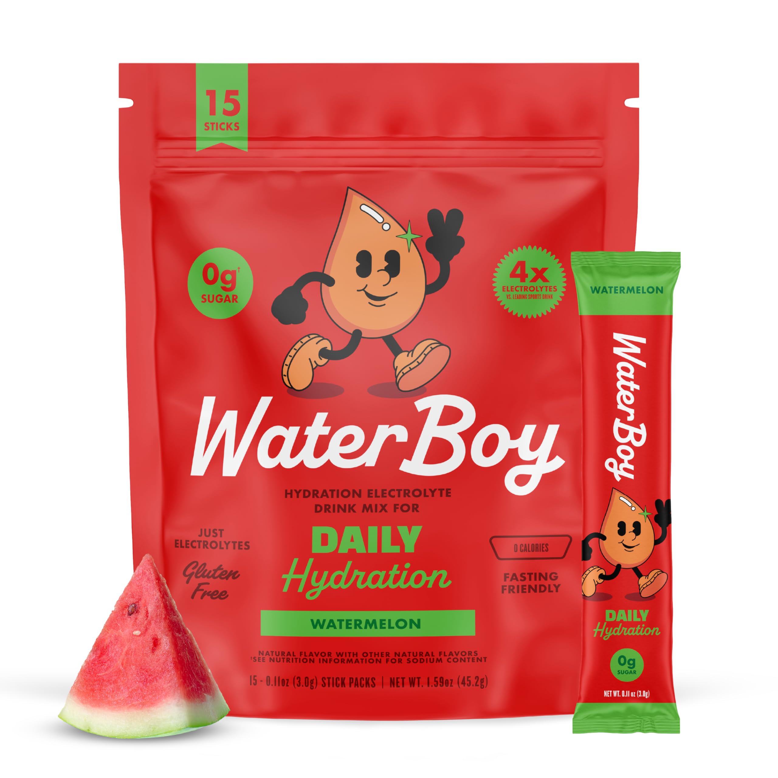 Waterboy Daily Hydration | 1,570mg Electrolyte Powder Packets | No Sugar, All Natural, Gluten Free, Zero Calories | 15 Drink Stick Mixes (Watermelon) Waterboy buy supplements canada