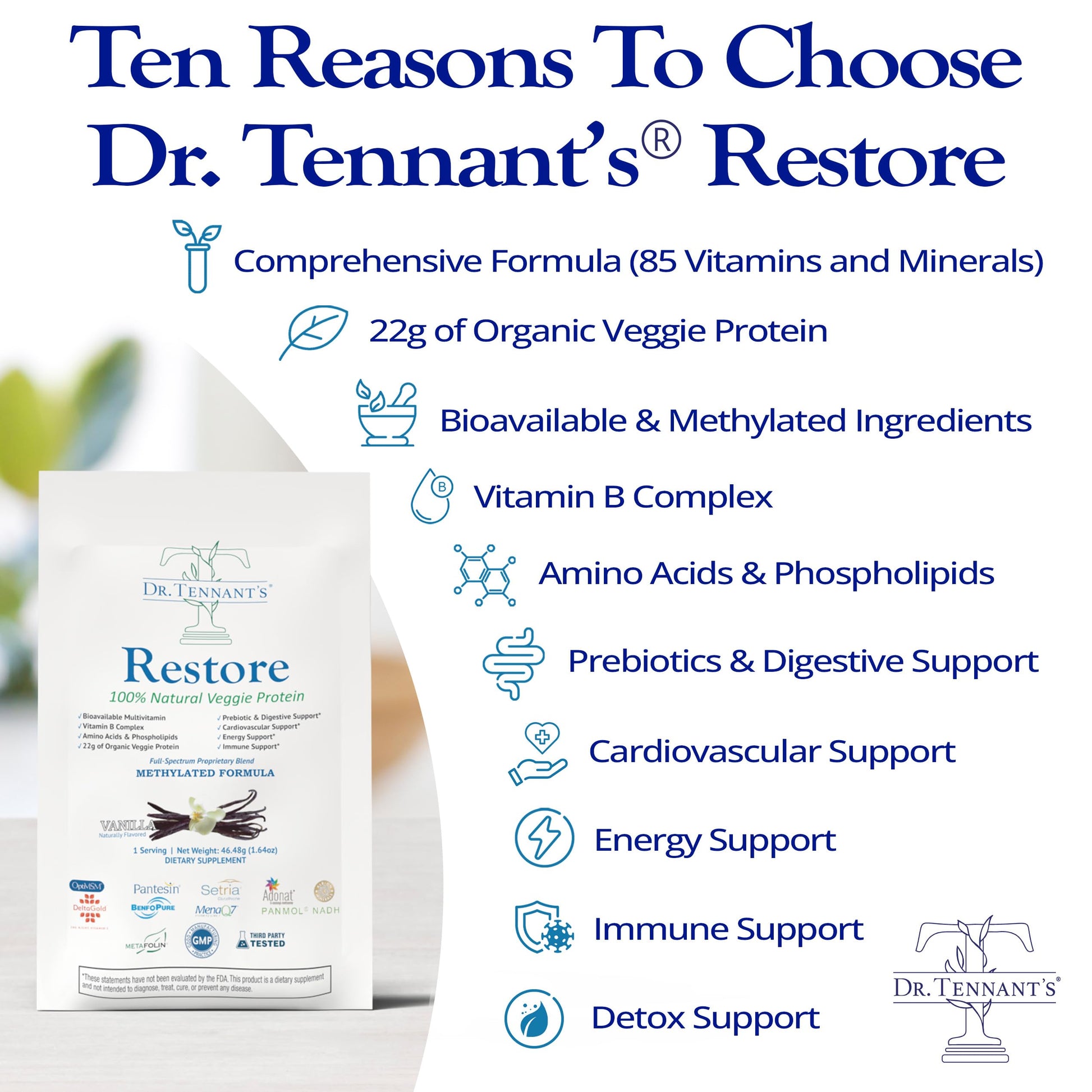 Dr. Tennant's Restore Vanilla Shake | 50+ Methylated Vitamins & Minerals | 23g Vegan Protein | Organic, Gluten-Free | Boosts Energy, Immune & Gut Health | 14-Day All-in-One Supplement Dr. Tennant's buy supplements canada
