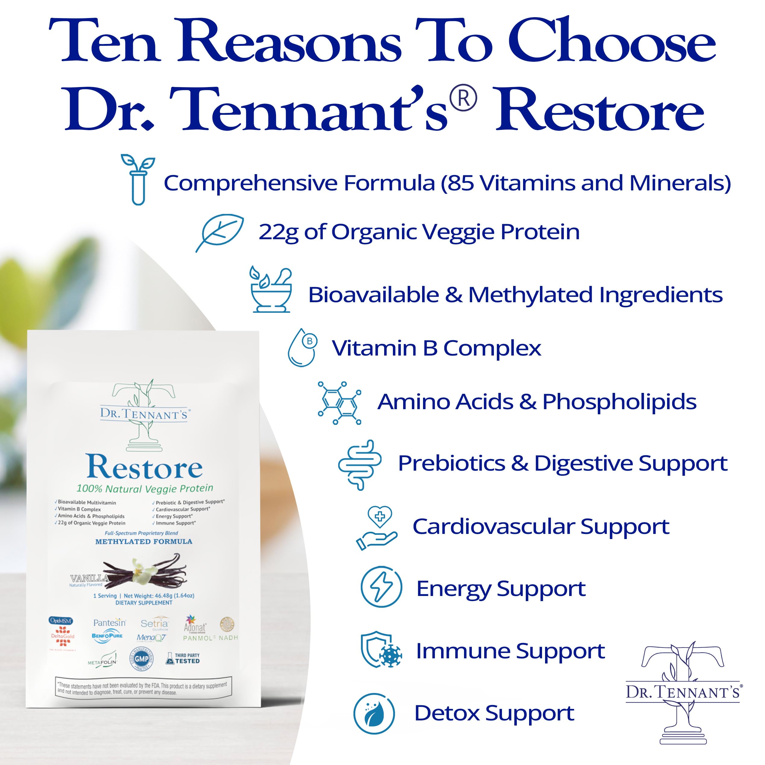 Dr. Tennant's Restore Vanilla Shake | 50+ Methylated Vitamins & Minerals | 23g Vegan Protein | Organic, Gluten-Free | Boosts Energy, Immune & Gut Health | 14-Day All-in-One Supplement Dr. Tennant's buy supplements canada