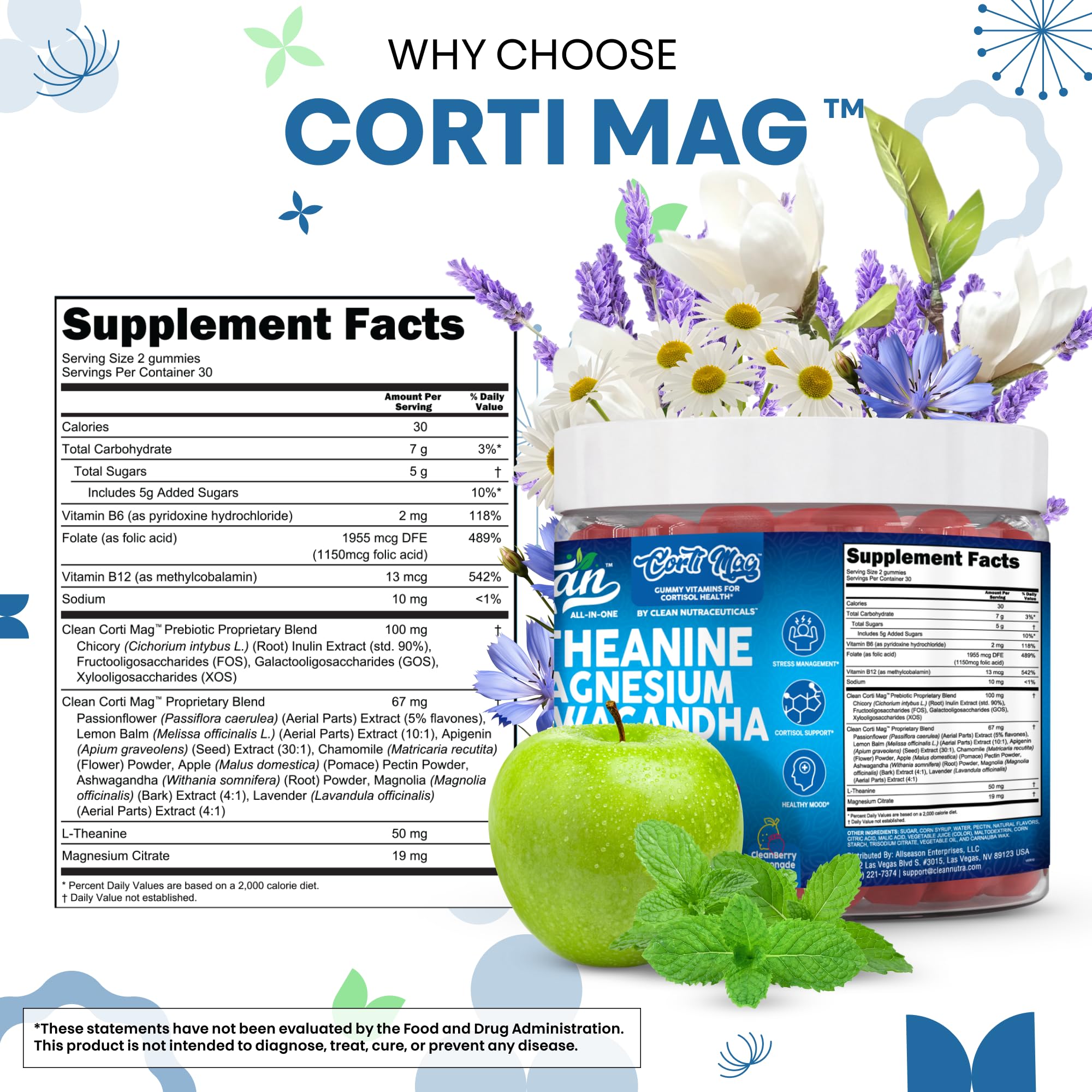 Clean Nutra Cortisol Supplement Gummies L-Theanine Magnesium Ashwagandha Apigenin Vitamin B6 Sleep and Calm Support Lavender Chicory Prebiotic Advanced Gummy Formula Clean Nutraceuticals buy supplements canada