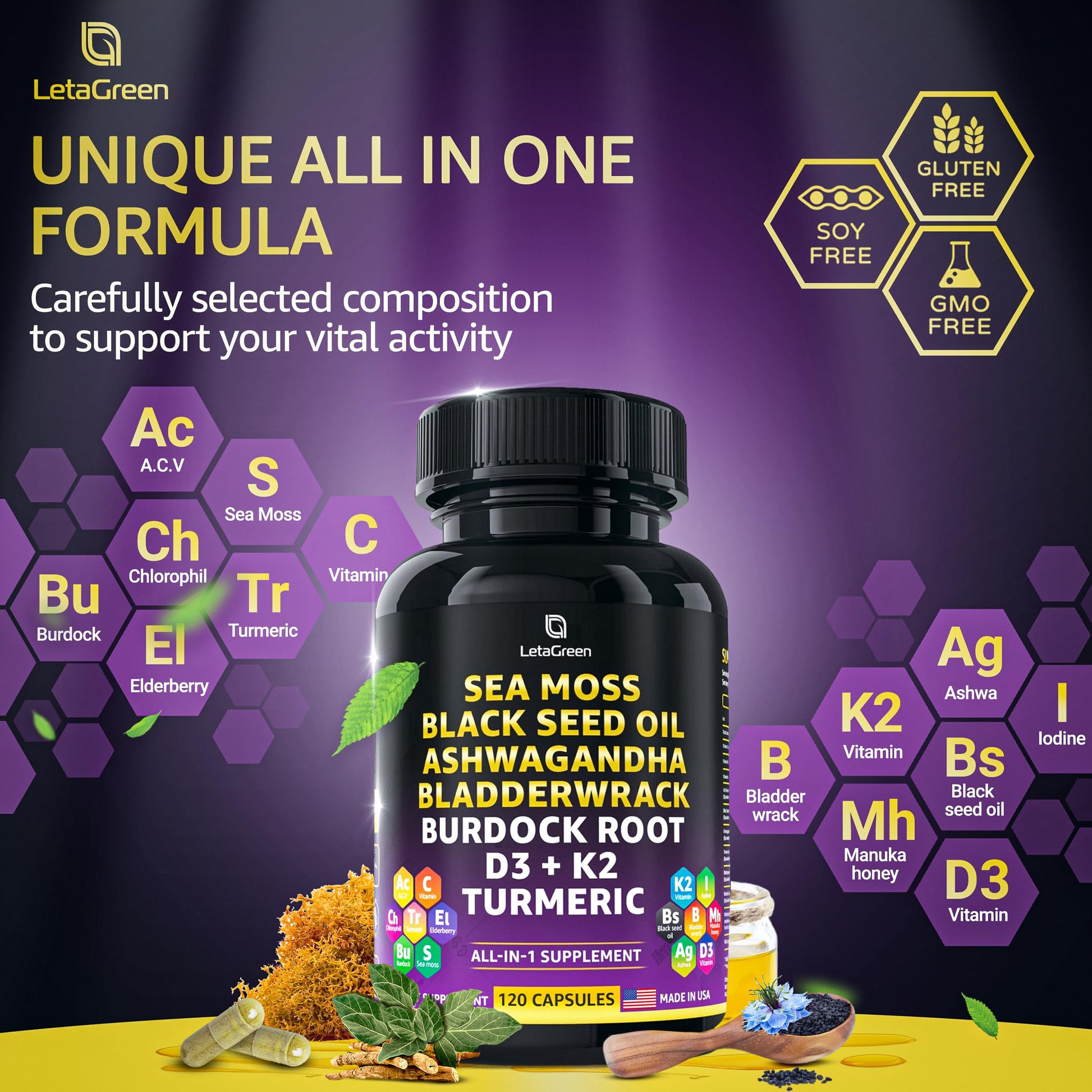 LetaGreen Ocean Wild Sea Moss Capsules - 120 Black Seed Oil Sea Moss Pills LetaGreen buy supplements canada