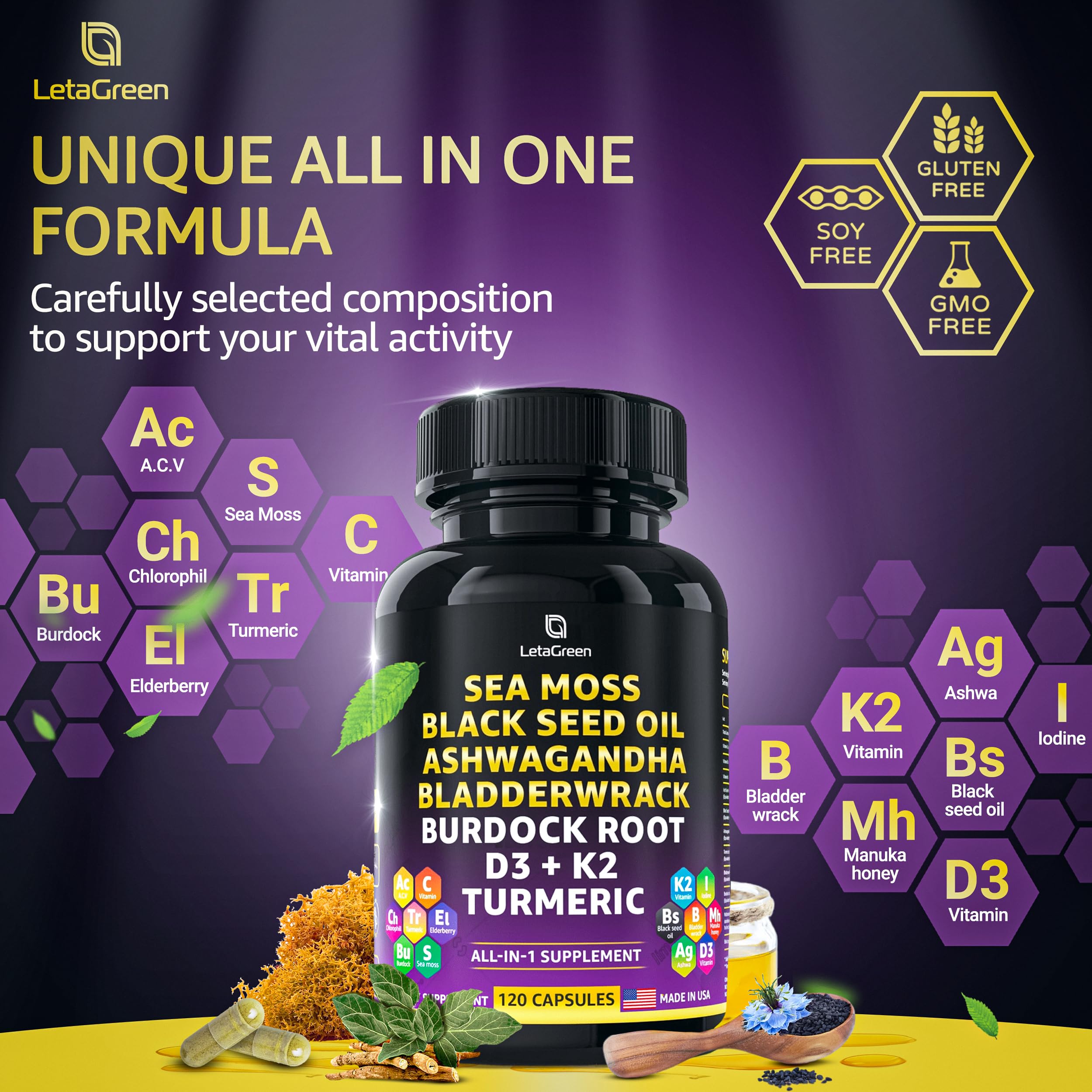 LetaGreen Ocean Wild Sea Moss Capsules - 120 Black Seed Oil Sea Moss Pills LetaGreen buy supplements canada