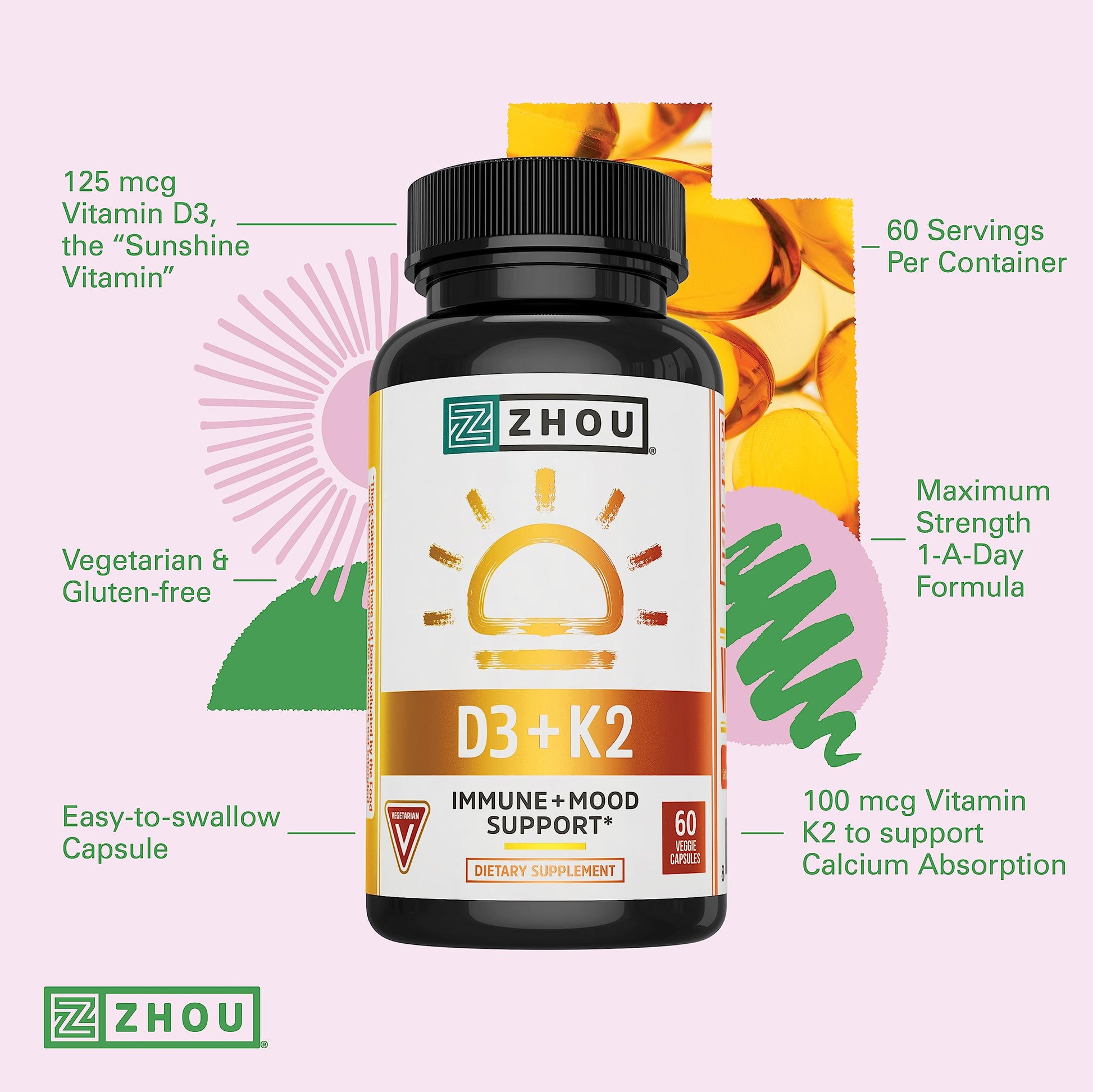Zhou Nutrition Vitamin D3 K2, Bone and Heart Health Formula 5000 IU Vitamin D3 & 90 mcg Zhou Nutrition buy supplements canada