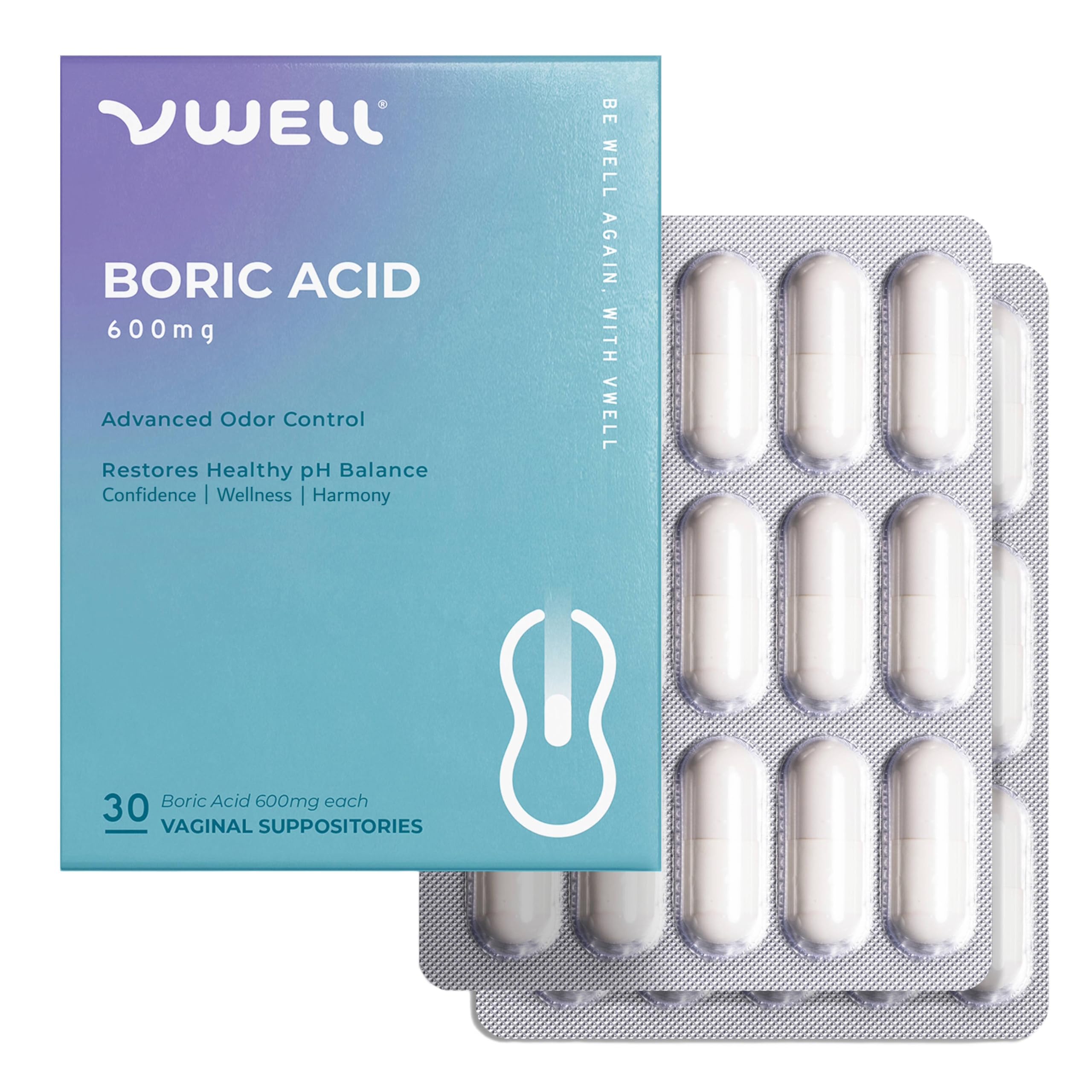 VWELL Boric Acid Vaginal Suppositories - Homeopathic Solution Maintains and Balances Healthy Vaginal pH & Microbiome Intimacy - Doctors Recommended (One Size, 30, Count) VWELL buy supplements canada