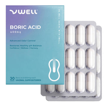 VWELL Boric Acid Vaginal Suppositories - Homeopathic Solution Maintains and Balances Healthy Vaginal pH & Microbiome Intimacy - Doctors Recommended (One Size, 30, Count) VWELL buy supplements canada