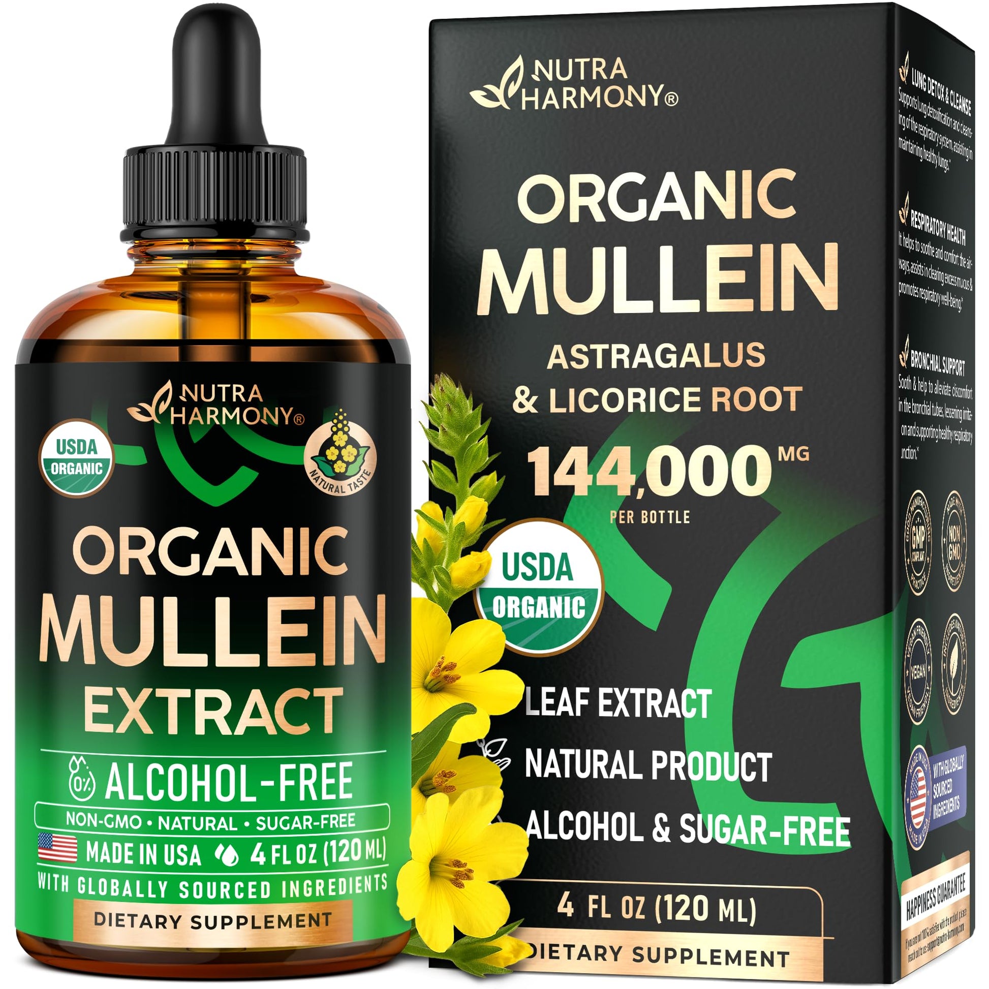Mullein Drops for Lungs - USDA Organic Liquid - Mullein Leaf Extract Supplement - Made in USA - Lung & Bronchial Cleanse for Smokers - Respiratory Health Support NUTRAHARMONY buy supplements canada