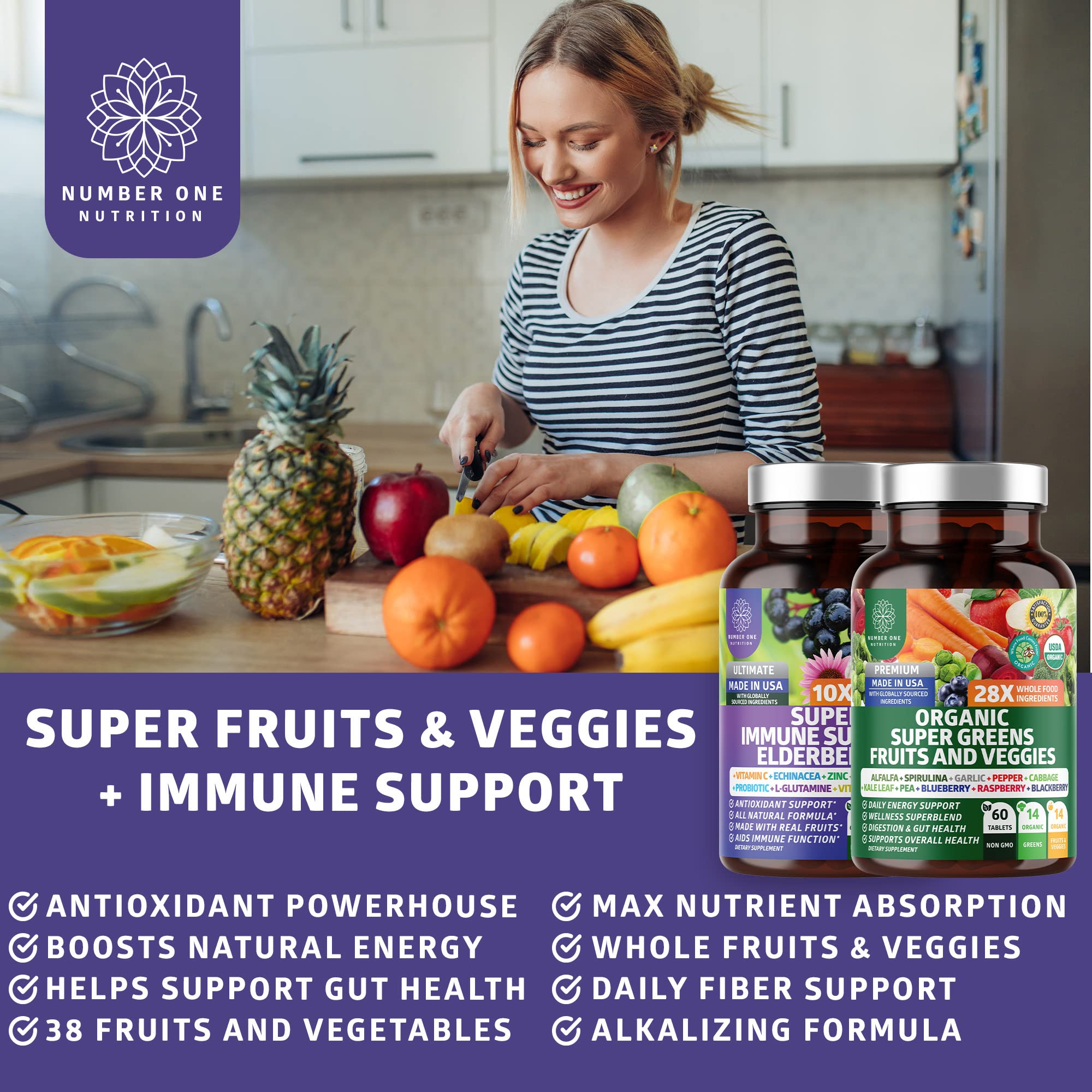 N1N Premium Organic Super Fruits & Veggies + Immune Support [38 Powerful Ingredients], Natural Super Greens Supplement with Alfalfa, Vitamins & Minerals, Zinc, Turmeric and Probiotic, 120 Caps Number One Nutrition buy supplements canada