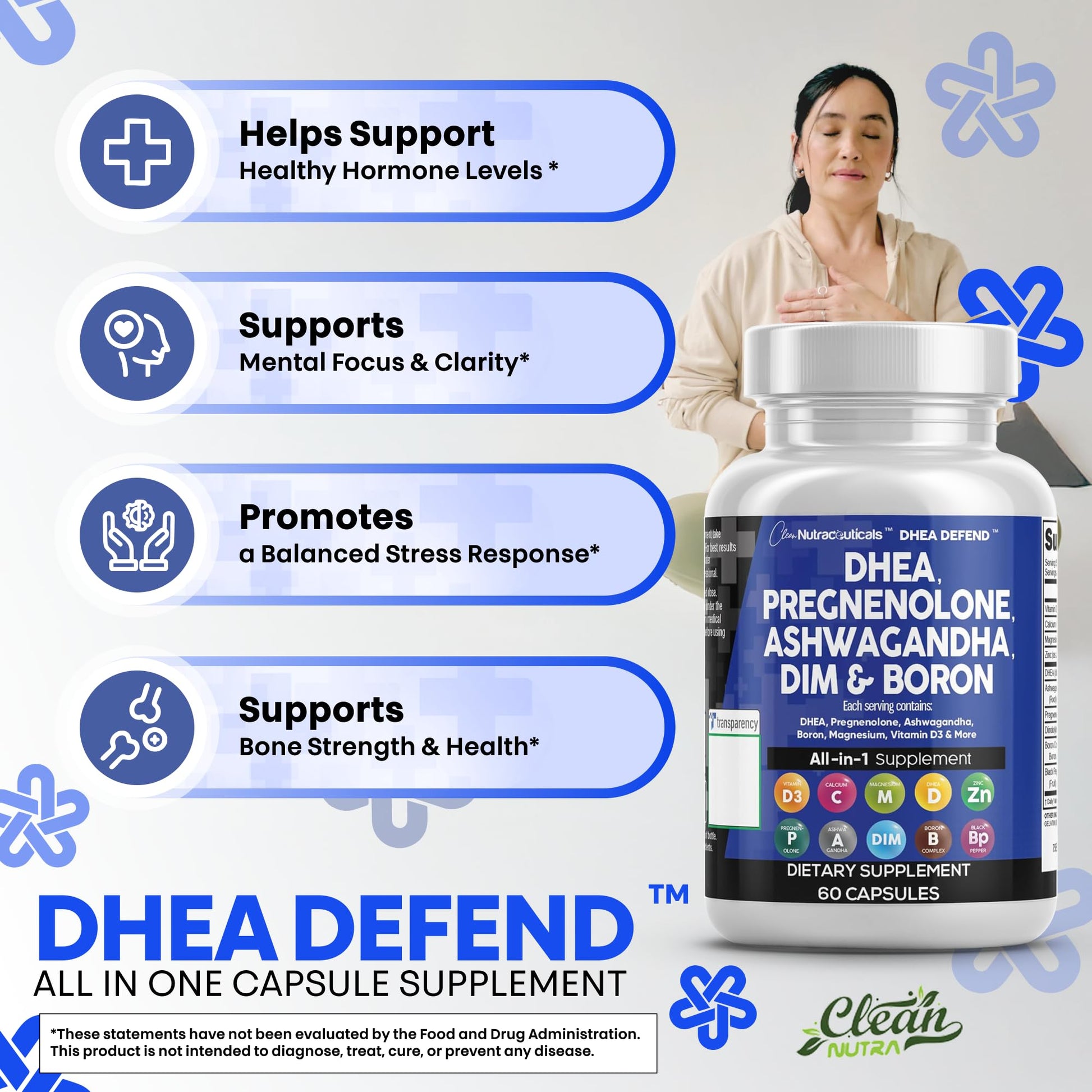 DHEA 200mg Supplement Pregnenolone 100mg for Men & Women with DIM Ashwagandha Boron 6mg Complex Calcium Magnesium Zinc 50mg Vitamin D3 5000 iu Hormone Support Capsules Pills - Made in USA 60 Ct Clean Nutraceuticals buy supplements canada