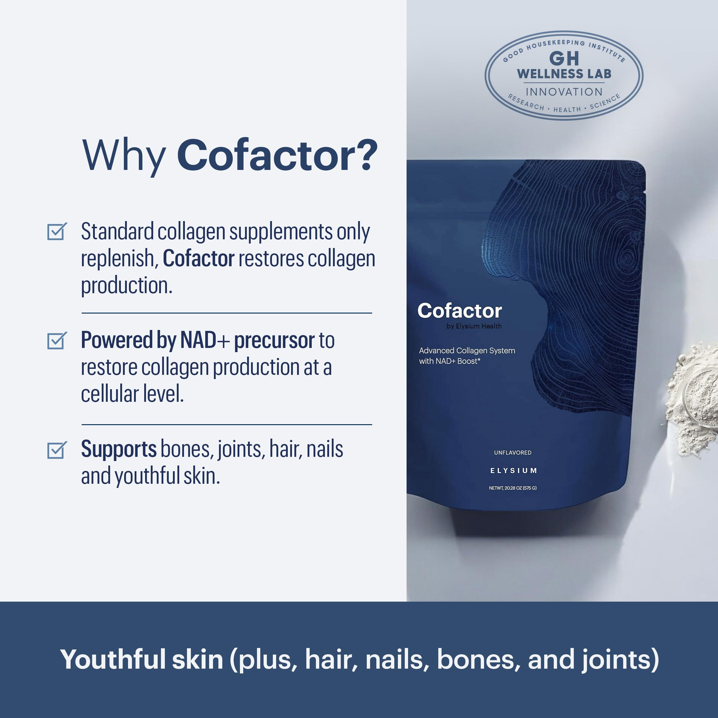 ELYSIUM Cofactor – 4-in-1 Collagen Peptides Powder w/NAD+, Hyaluronic Acid & Vitamin C for Skin, Hair, Nails, Joints & Cellular Health, Collagen Supplements for Men & Women – Unflavored, 28 Servings ELYSIUM buy supplements canada