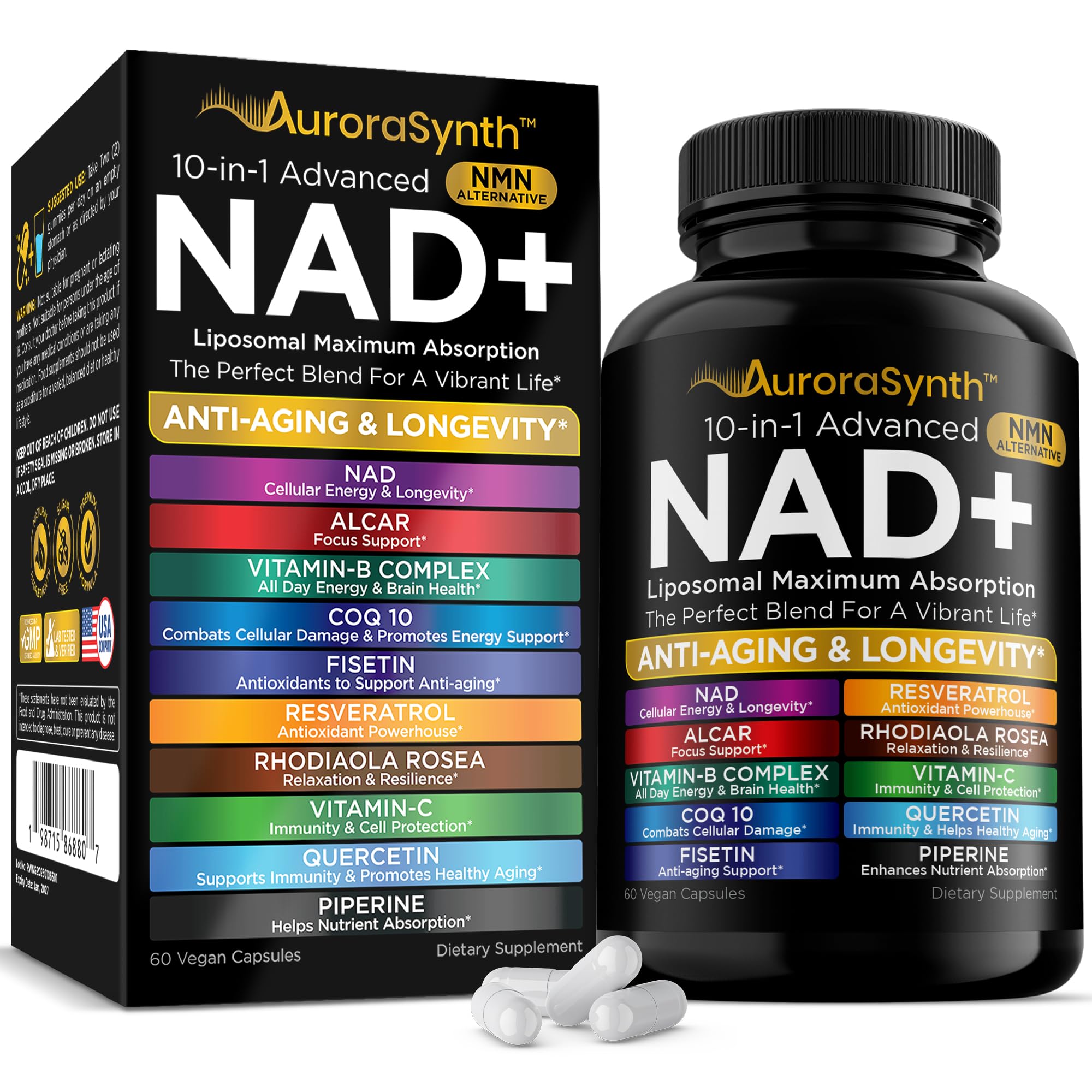 NAD+ Supplement Liposomal Capsules - Max Absorption for Cellular Energy, Healthy Aging, Brain Function & DNA Health - Vegan, Non-GMO, Gluten-Free Supplement - 60 Capsules - Supports NAD Levels AuroraSynth buy supplements canada