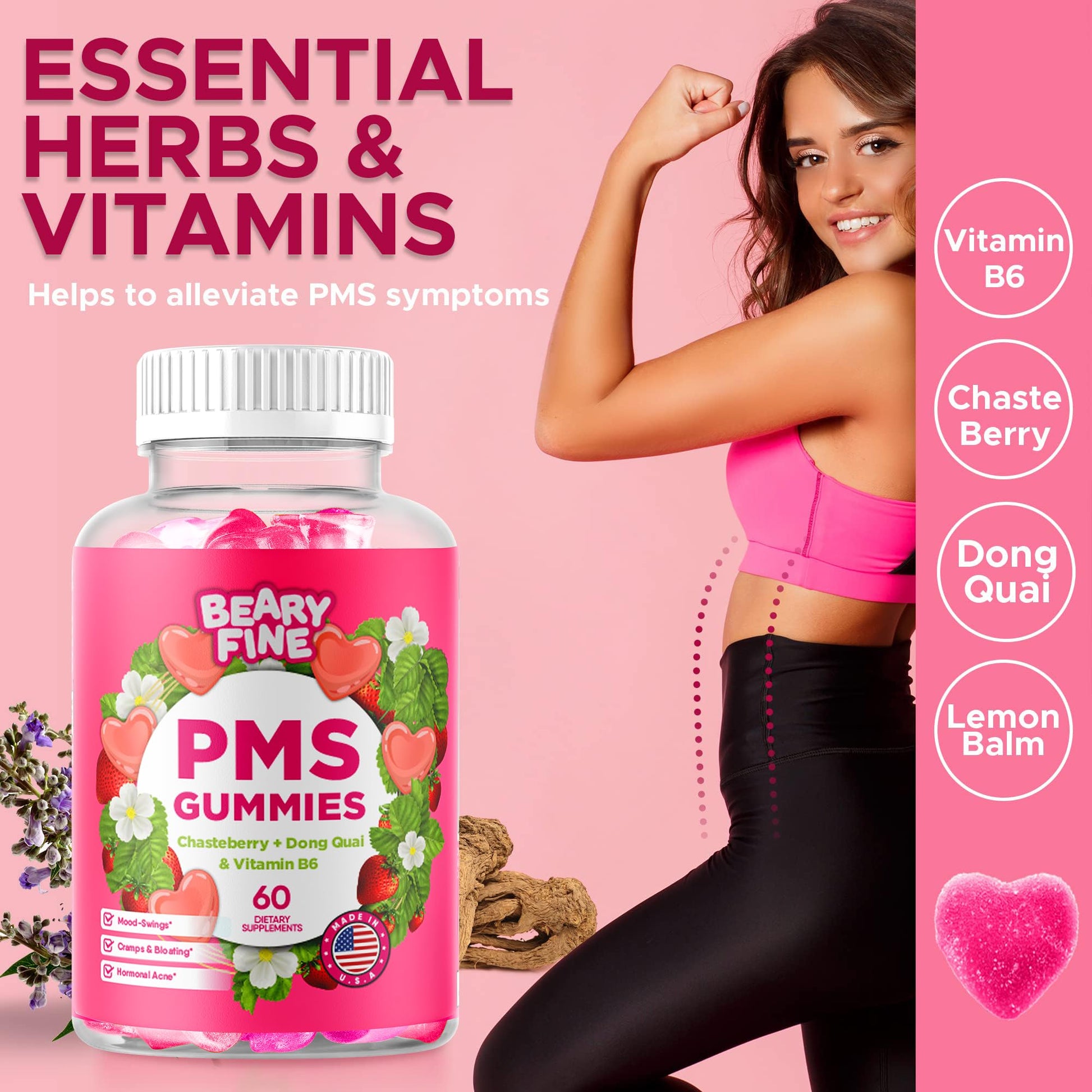 Beary Fine PMS Gummies - PMS Vitamins for Women & Teens - PMS Period Relief - Cramping, Bloating, Mood Swings - Made in The USA (Strawberry, 60 Count) Beary Fine buy supplements canada