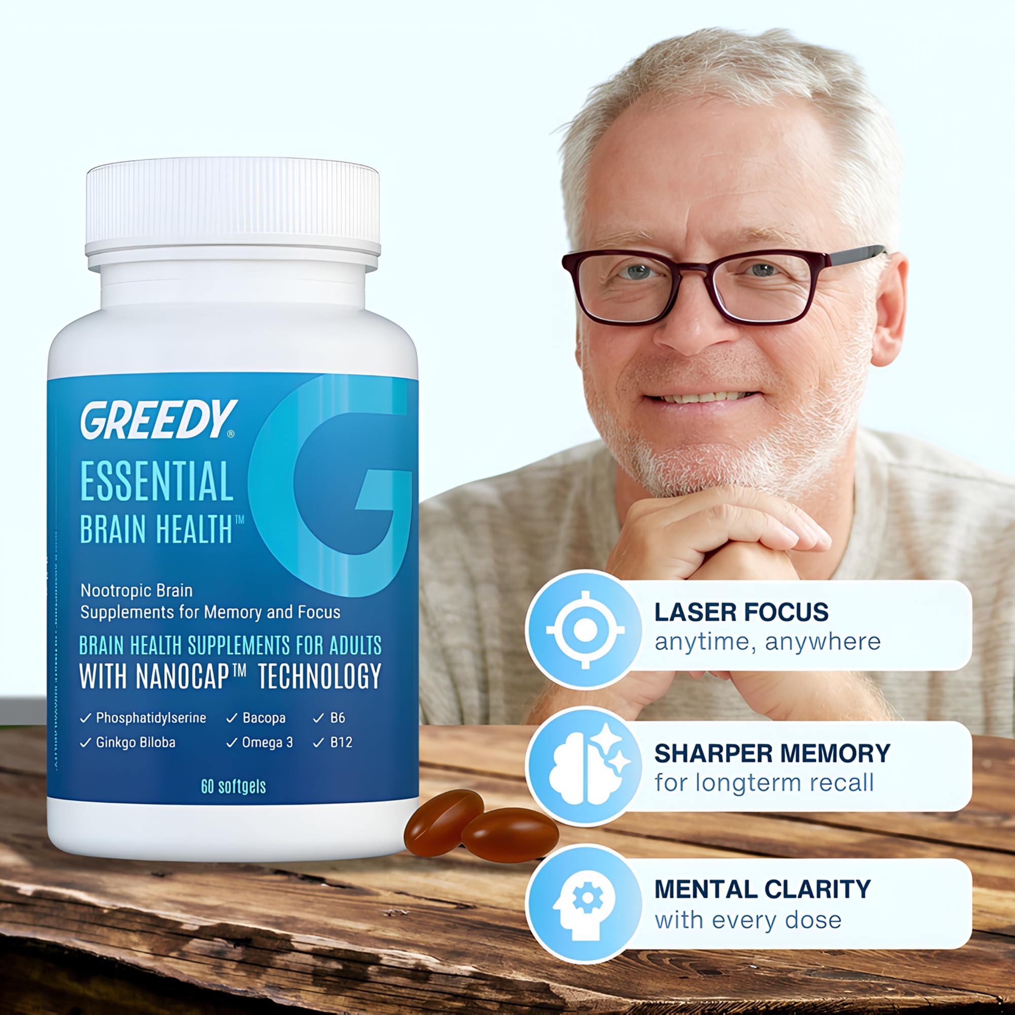 Essential Brain Health Supplements Nootropic for Memory and Focus – for Adults with NanoCap® Technology, Phosphatidylserine, Bacopa, Ginkgo Biloba, Omega 3, B6, B12, 60 Softgels by Greedy® Nutrition Platinum Health buy supplements canada