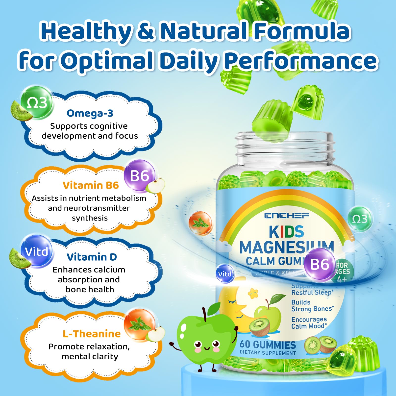 Center-Filled Magnesium Gummies for Kids 300MG - Magnesium Glycinate Gummies with L-theanine, Omega-3, Vitamin B6, D for Kids & Adults, Supplement for Sleep, Calm & Muscle Relaxation - Apple & Kiwi CNCHEF buy supplements canada