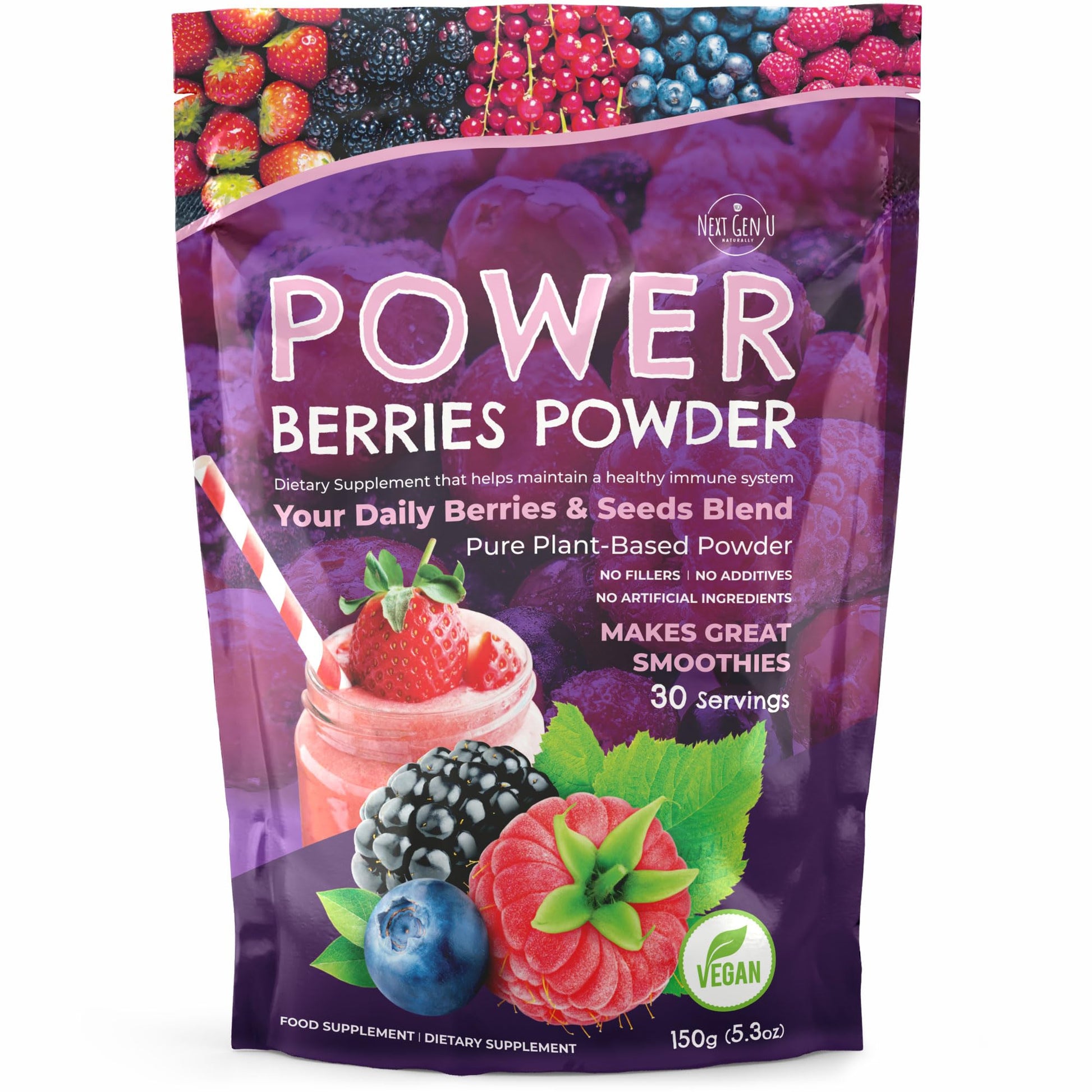 Super Berry Powder - 150g - Immune Support - Food Supplement - Superfood Berries - Smoothie Mix for Shakes - Healthy Boost for Detox Juice Beverages or Any Drink - by NextGenU NGU Next Gen U buy supplements canada