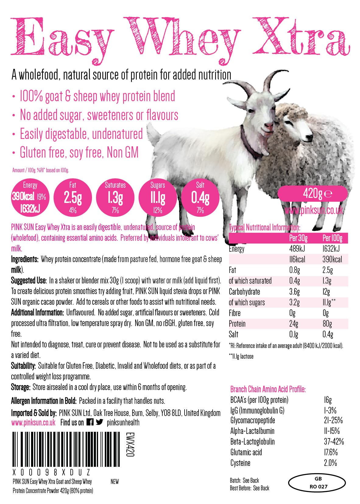 PINK SUN Goat Sheep Whey Protein Powder 420g (80% Protein) Pure Unflavoured Concentrate PINK SUN buy supplements canada