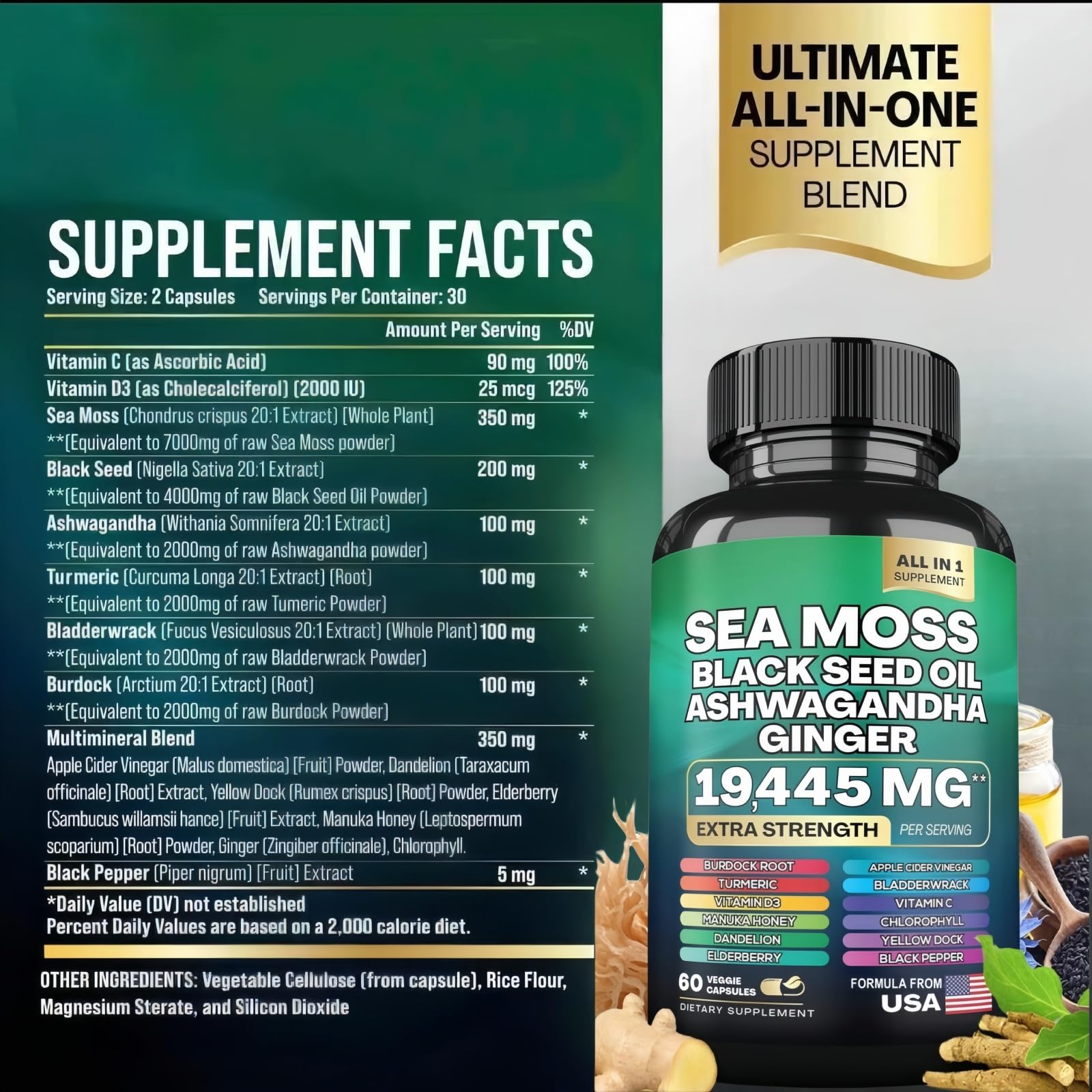 HealthyFinds Sea Moss Black Seed Oil Ashwagandha Ginger Capsules with Turmeric Bladderwrack Burdock & Vitamin C Vitamin D3 with Elderberry Manuka Dandelion Yellow Dock Iodine Chlorophyll ACV HealthyFinds buy supplements canada