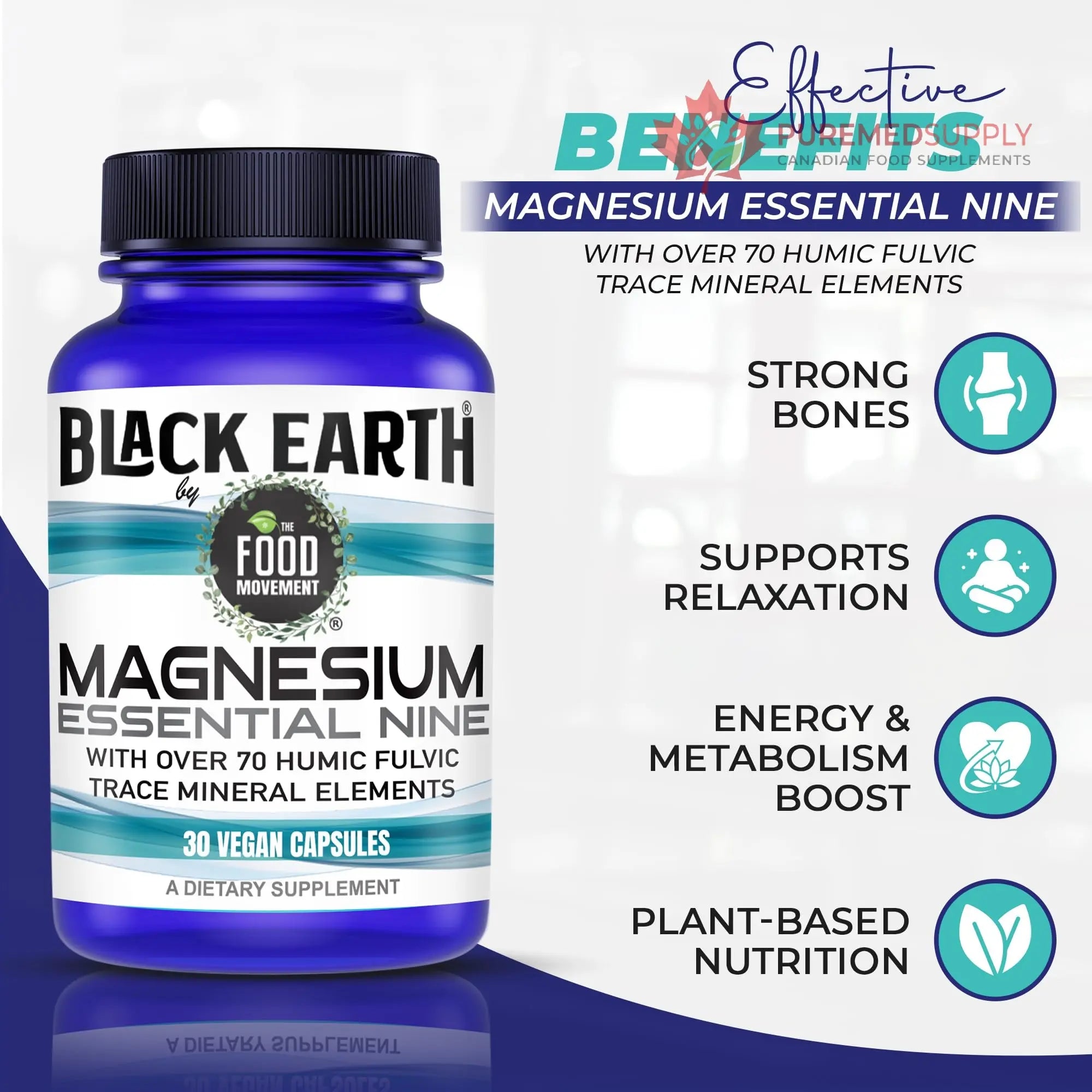 The Food Movement Co. Black Earth Magnesium Essential Nine - Vegan Capsules with Magnesium Glycinate, Citrate, Malate and More - 9 Bioactive Forms for Optimal Health (30 Count) THE FOOD MOVEMENT CO. buy supplements canada