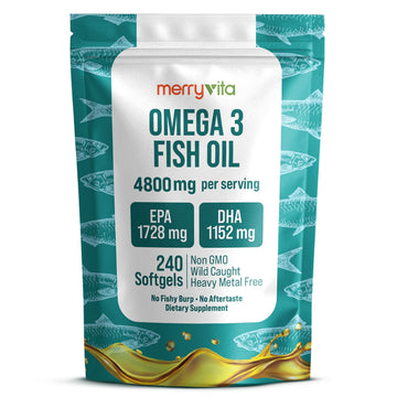 Omega 3 Fish Oil 4800 mg – EPA 1728 mg | DHA 1152 mg from Wild-Caught Anchovies – Burpless Mini Softgels – Pure Omega-3 Fatty Acid Supplement – Non-GMO, Gluten-Free, No Aftertaste – 240 Capsules MERRY VITA buy supplements canada