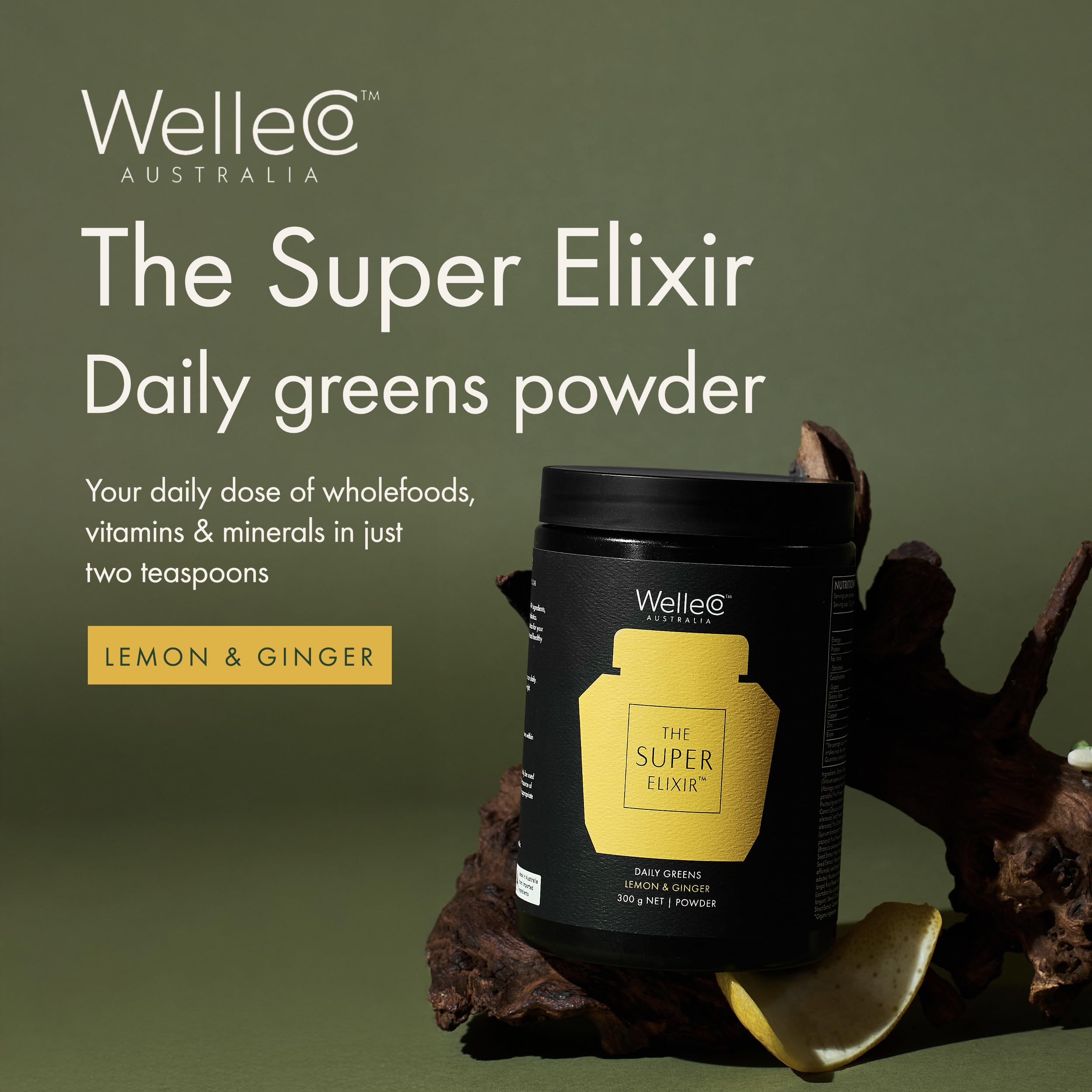 WelleCo The Super Elixir Daily Greens Powder, Probiotic Drink Mix with Whole Foods, Gluten Free, Vegan Gut Health Powder, Energy, Immunity, Healthy Skin, Hair & Nails (300g, Lemon Ginger) WelleCo buy supplements canada