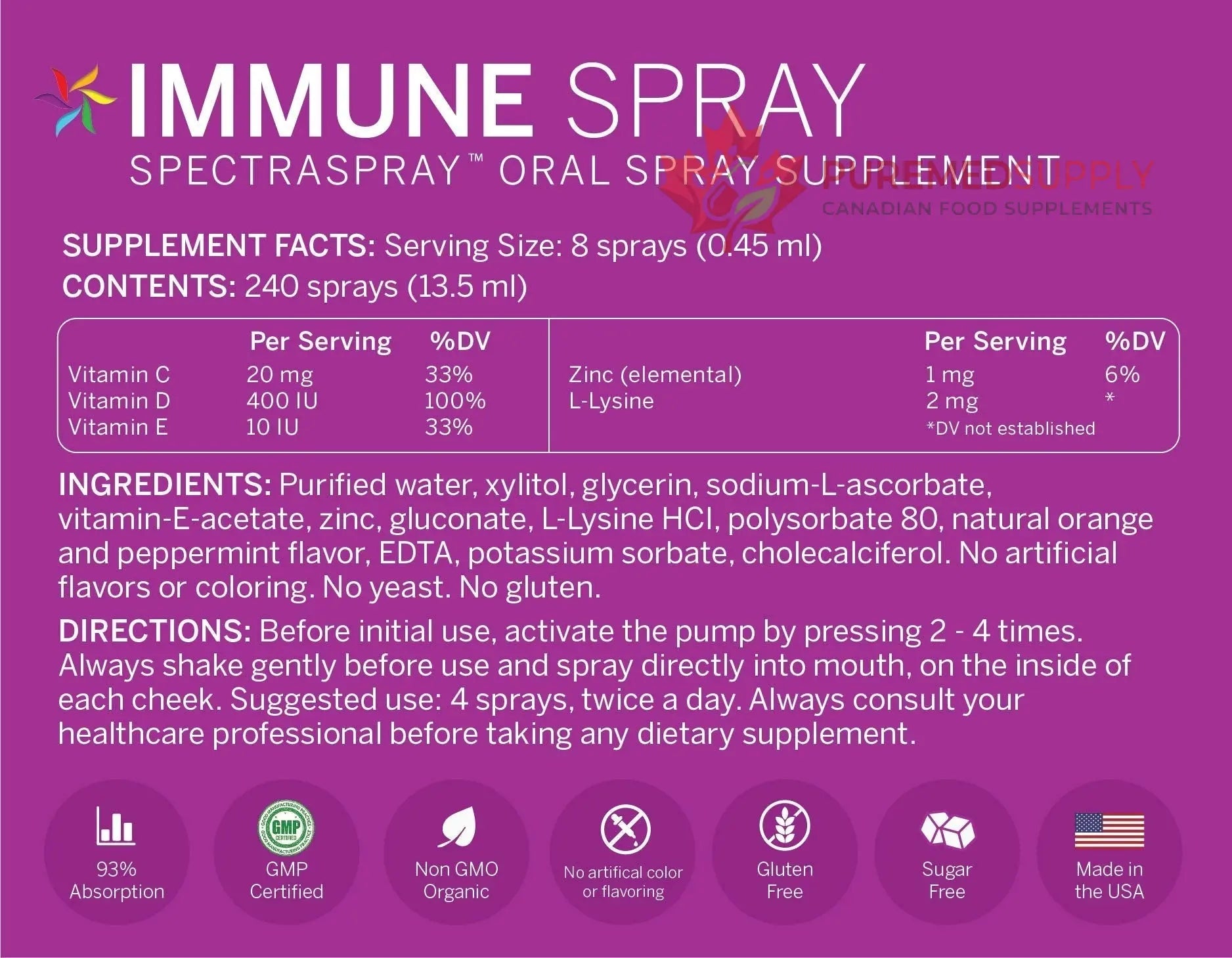 Spectraspray Immune Support Vitamin Spray - Vitamins C, E, Zinc and L-Lysine, 30 Day Supply per Spray Spectraspray buy supplements canada
