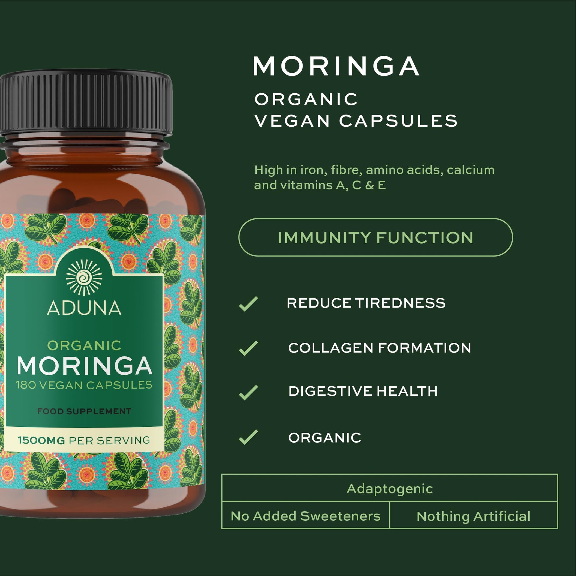 Aduna Organic Moringa Capsules 1500mg | 100% Pure Moringa Leaf for Energy, Immunity & Focus | Natural Plant-Based Food Supplement for Tiredness, Recovery & Breastfeeding | 180 Vegan Capsules Aduna buy supplements canada